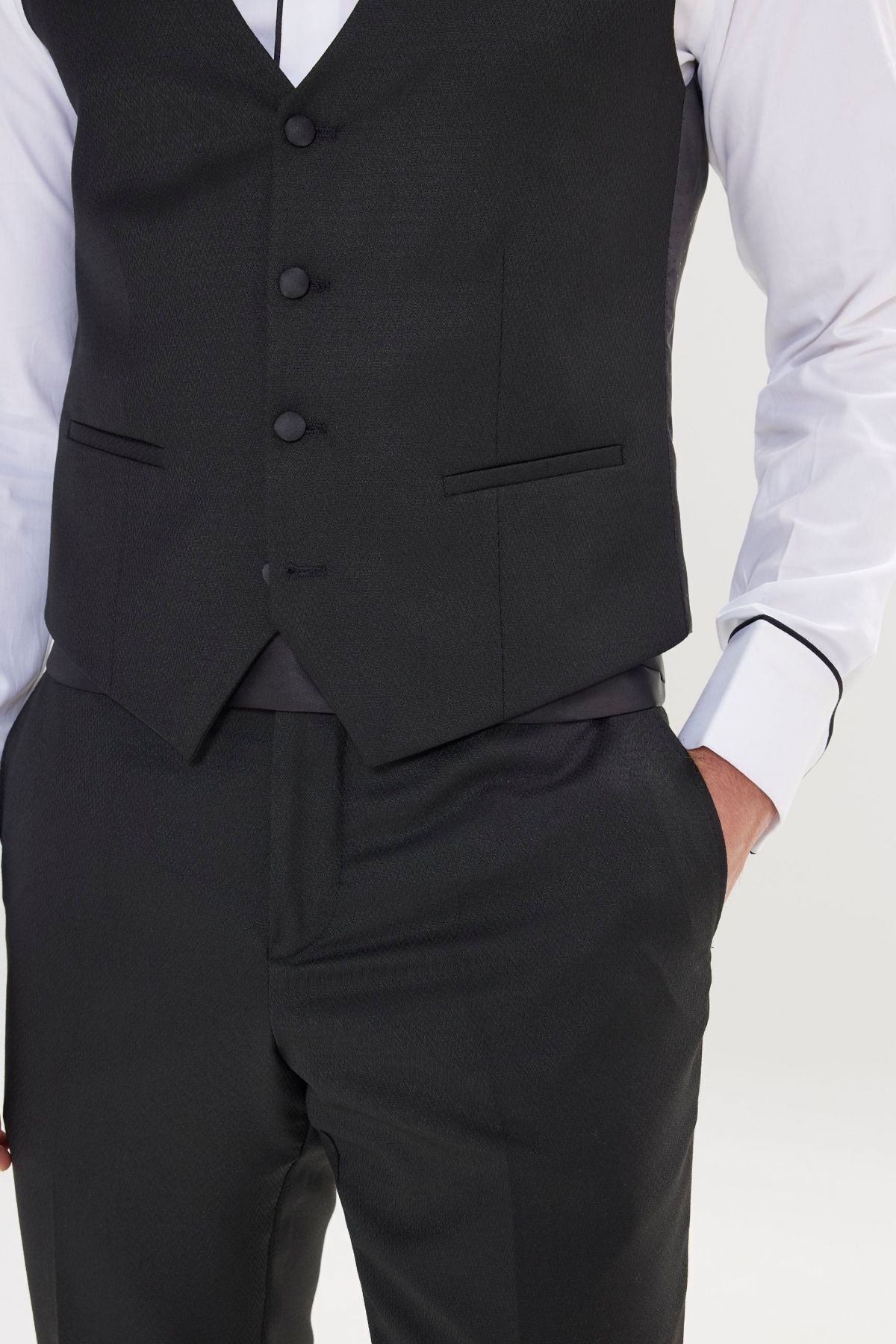 Men's Black Slim Fit Narrow Cut Swallow Collar Patterned Vest Tuxedo Set