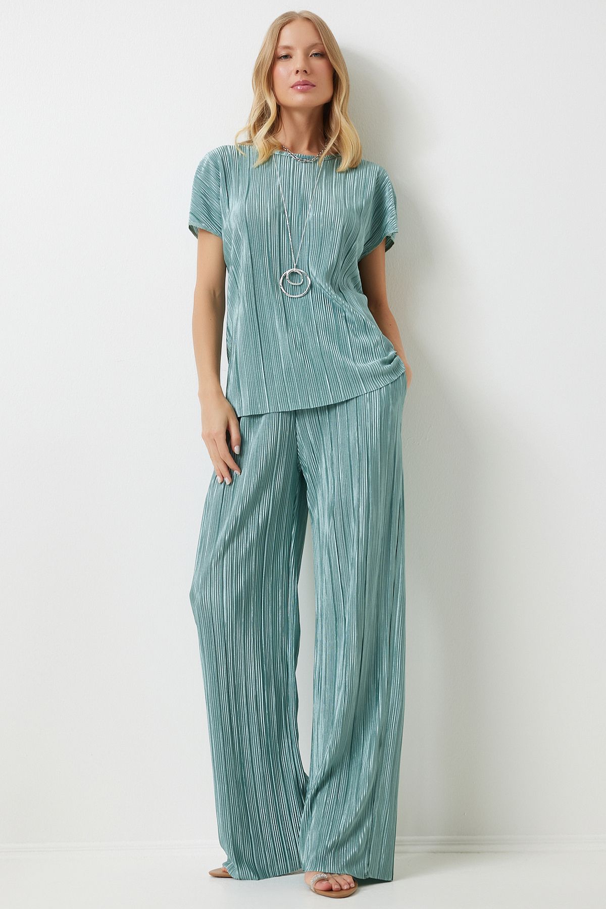 Female Water Green Pilisable Casual Blouse Pants Set Mc00283