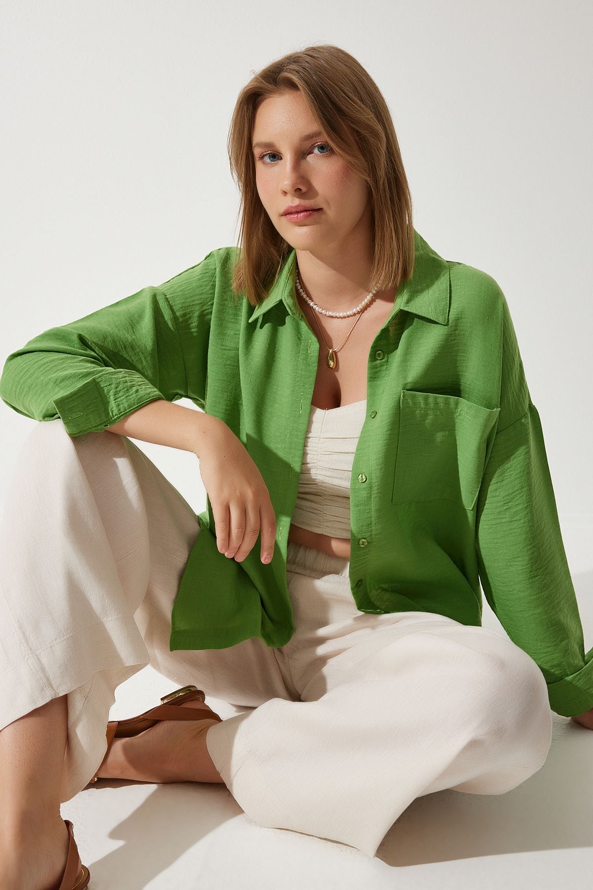 Woman Dark Cagla Green Oversize Linen Ayrrin Shirt DD01222