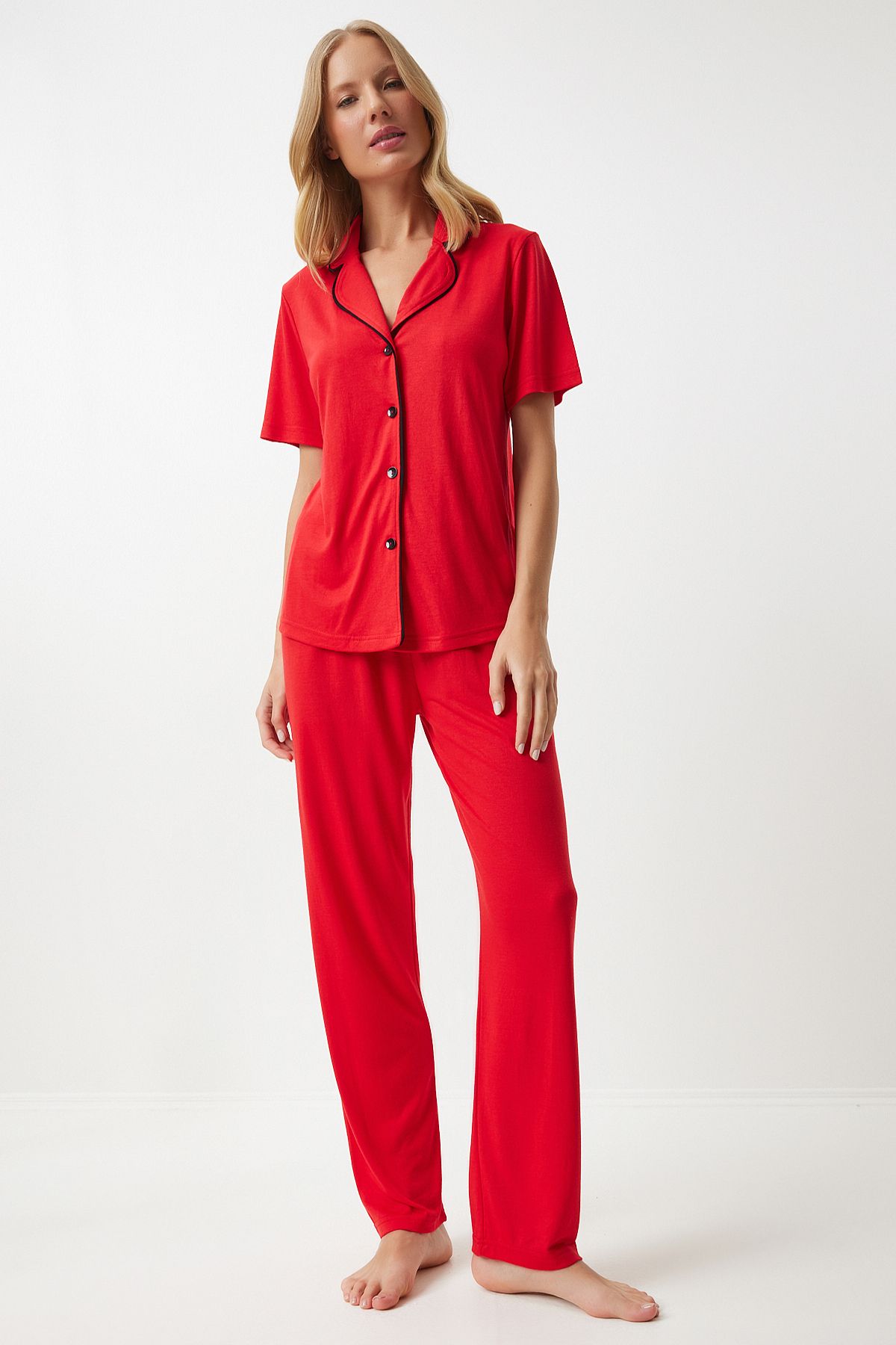 WOMEN'S RED BIE DETAILED SHIRT Pants Pajama Set EC00038