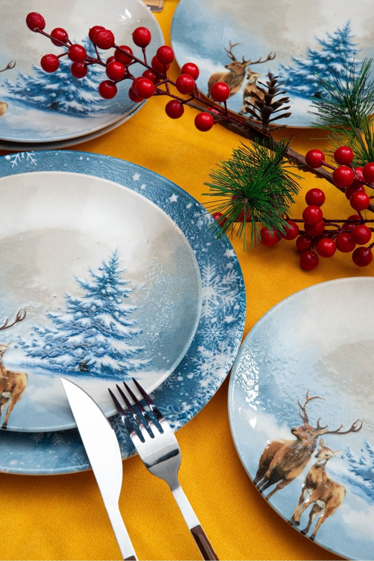 Blue Deer 7 Piece Porcelain Cake Plate Set