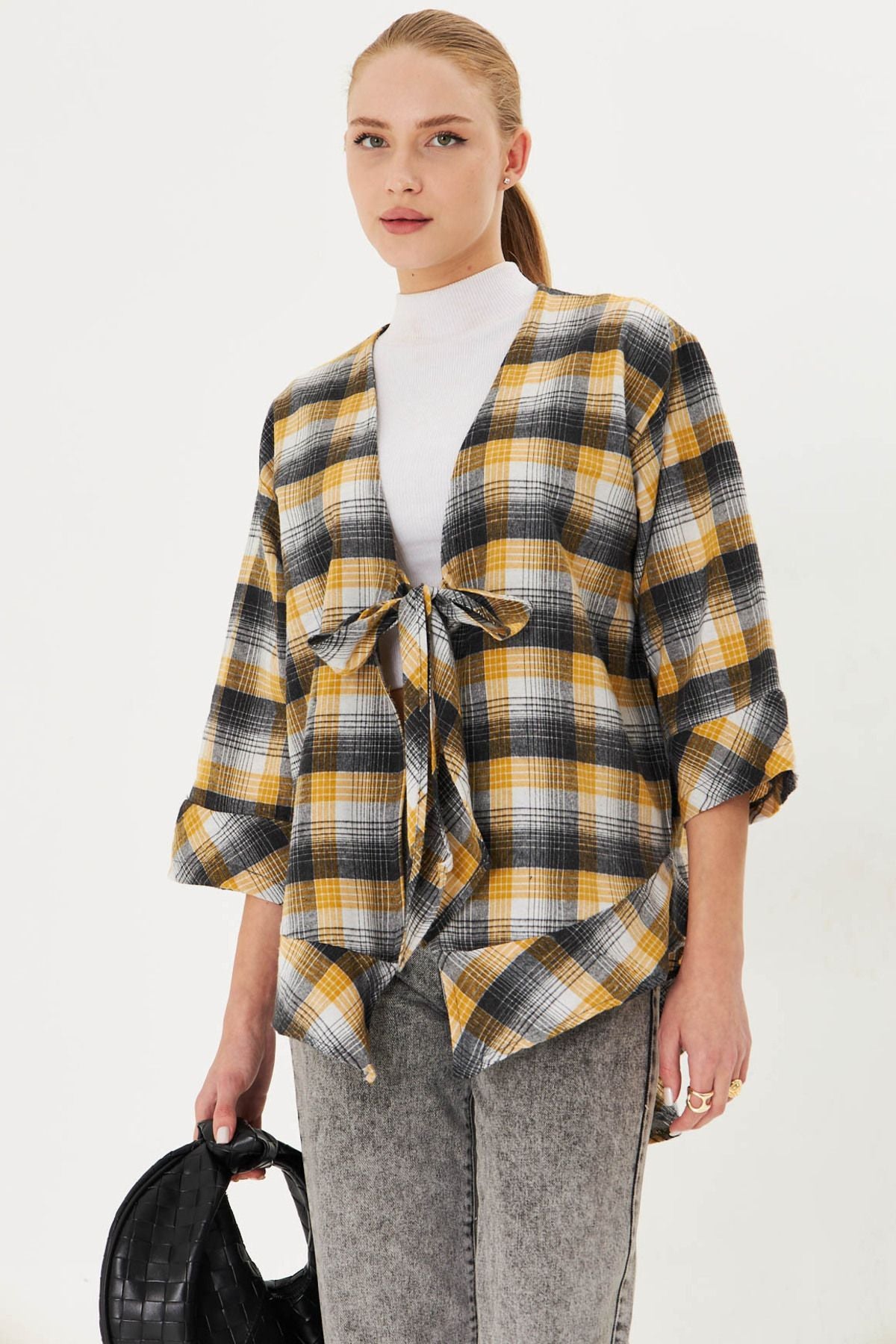 Woman yellow front connecting plaid kimono shirt ARM-25K001017