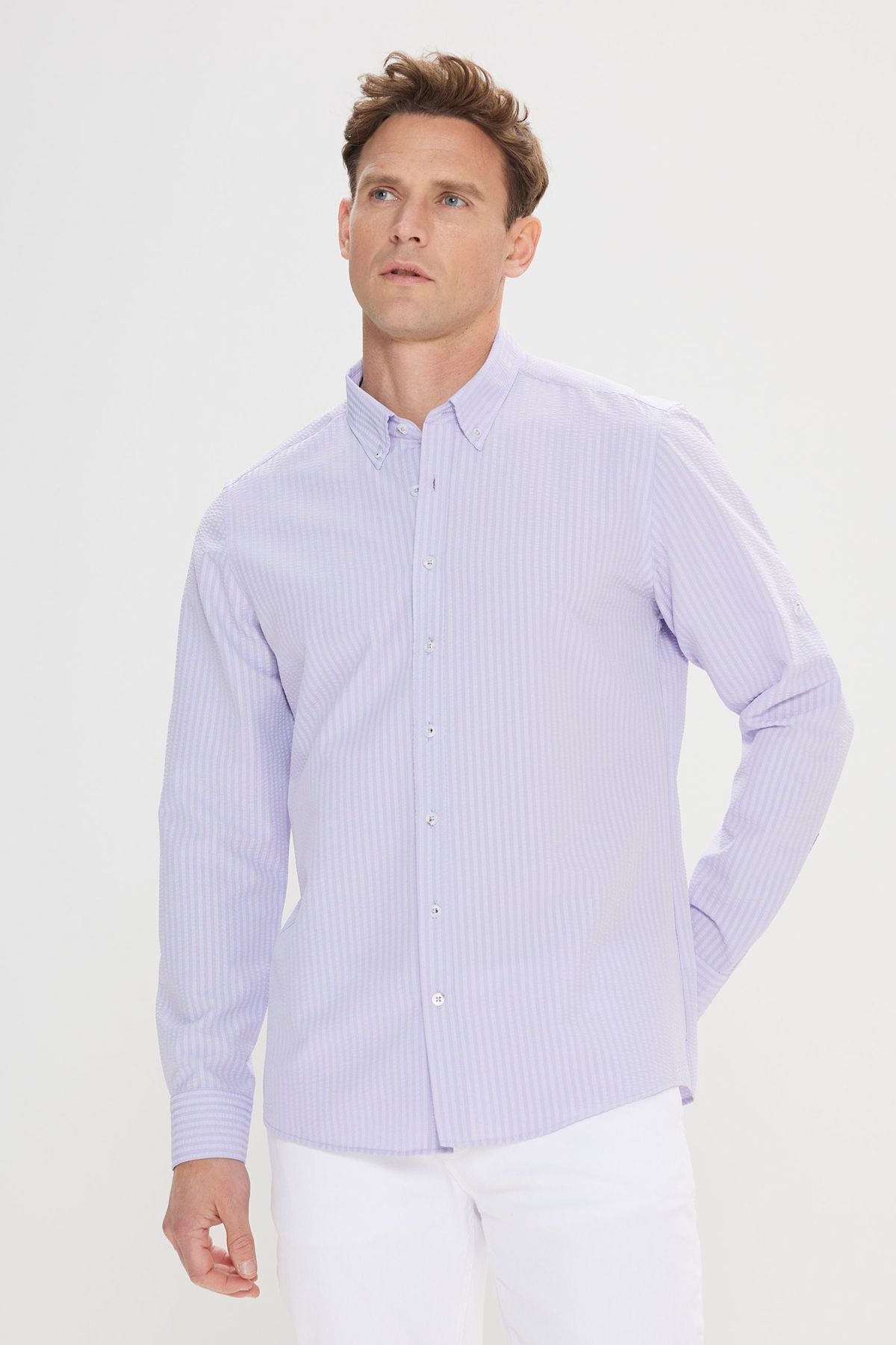 Men's lilac Easy to ironed wafer patterned oxford slim fit narrow -cut button collar flexible shirt