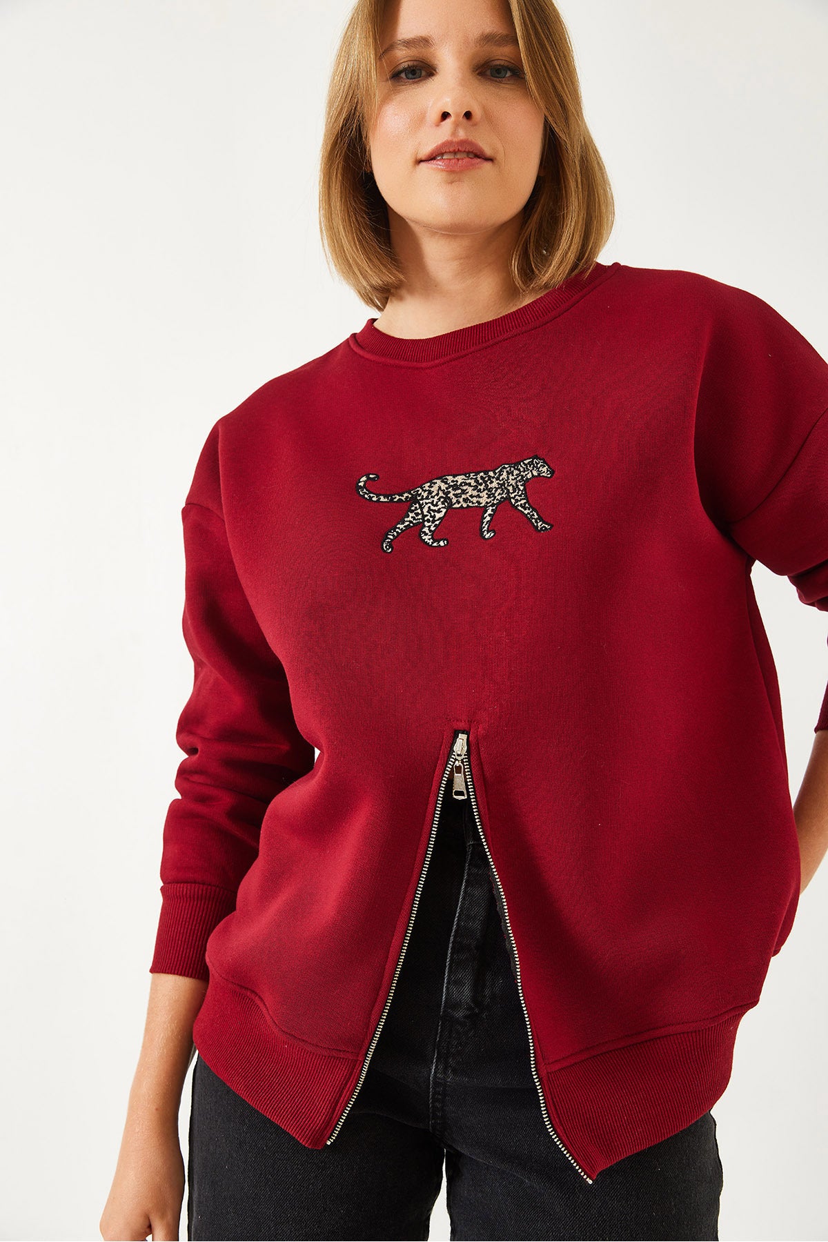 Women's Three Thread Rose Gold Zippered Front Leopard Printed Sweatshirt 60351258