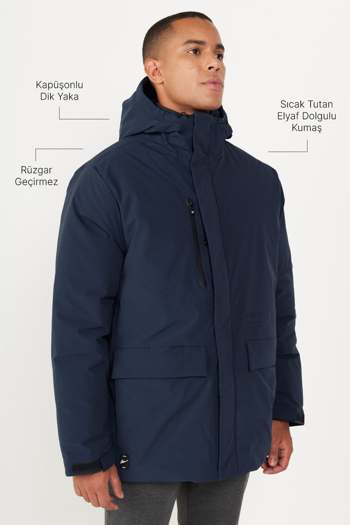 Men's navy blue hooded upright collar standard fit hot holding windproof coat coat