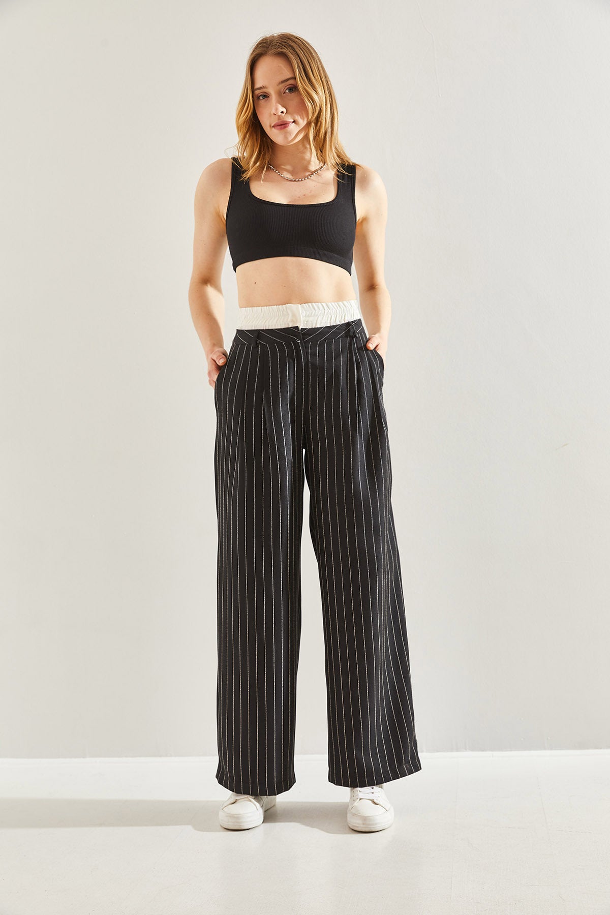 Women's Contrast Waist Detailed Striped Woven Trousers 60241010