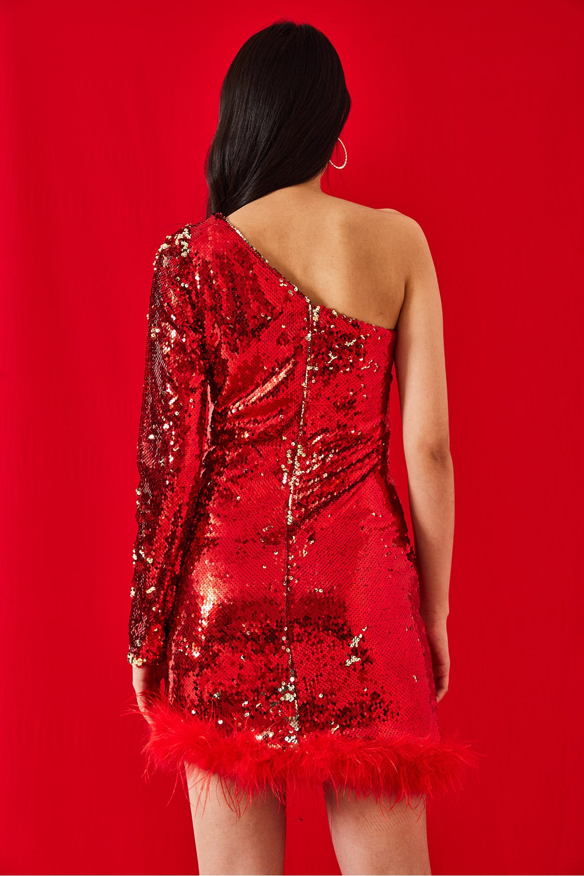 Women's Sequined Skirt Feather Detailed One-Shoulder Lined Dress 60261225