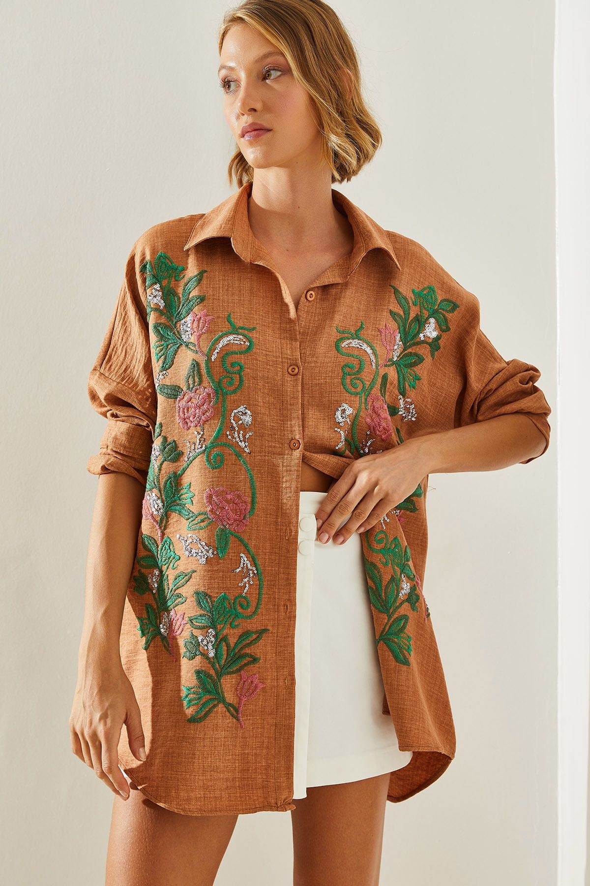 Modest Women Embroidered Sofia Keten Shirt 60181014