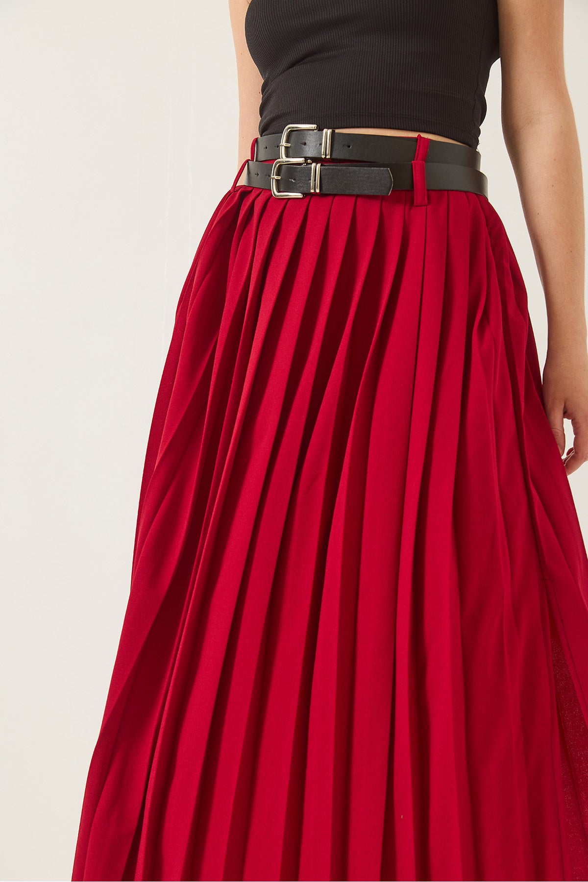Women's Double Belted Slit Detailed Pleated Long Skirt 7167 60283219
