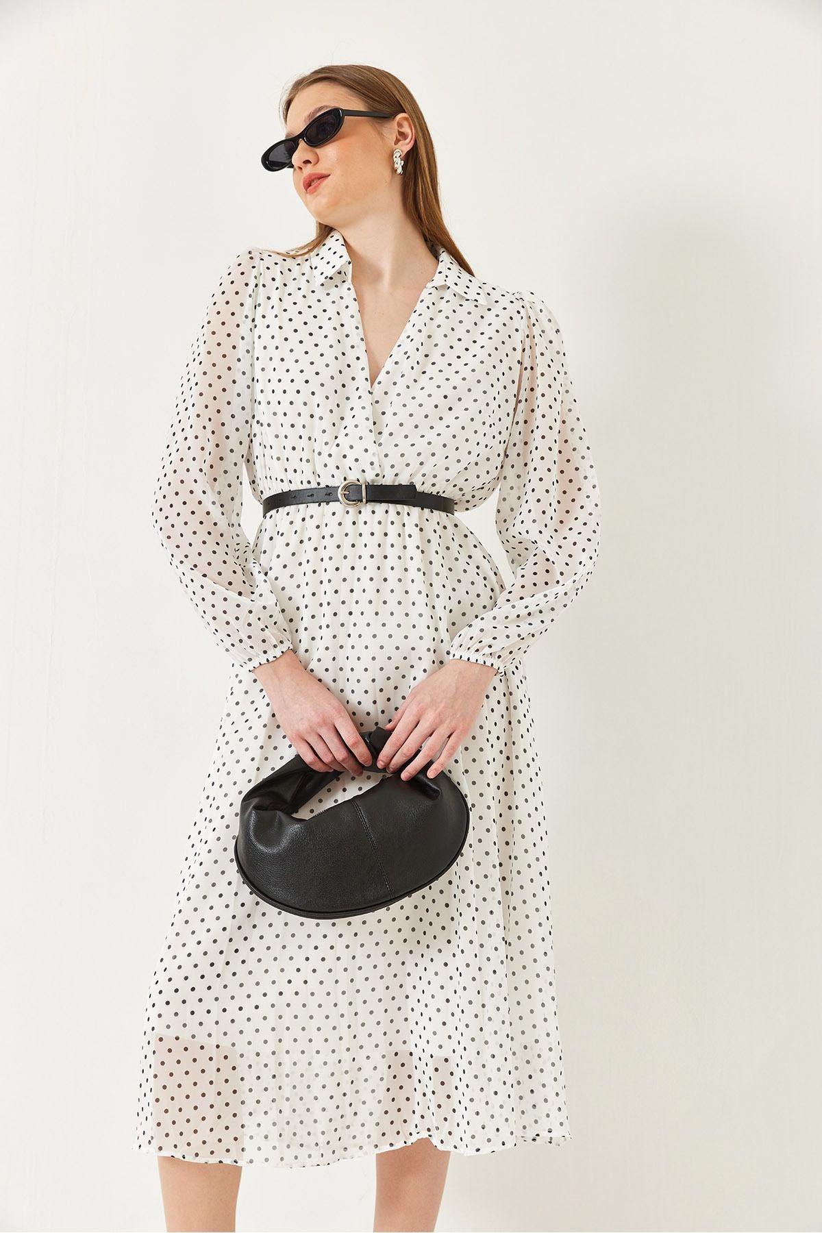 Women's Waist Pekle with a polka dot lined midi woven dress 70295 60271032
