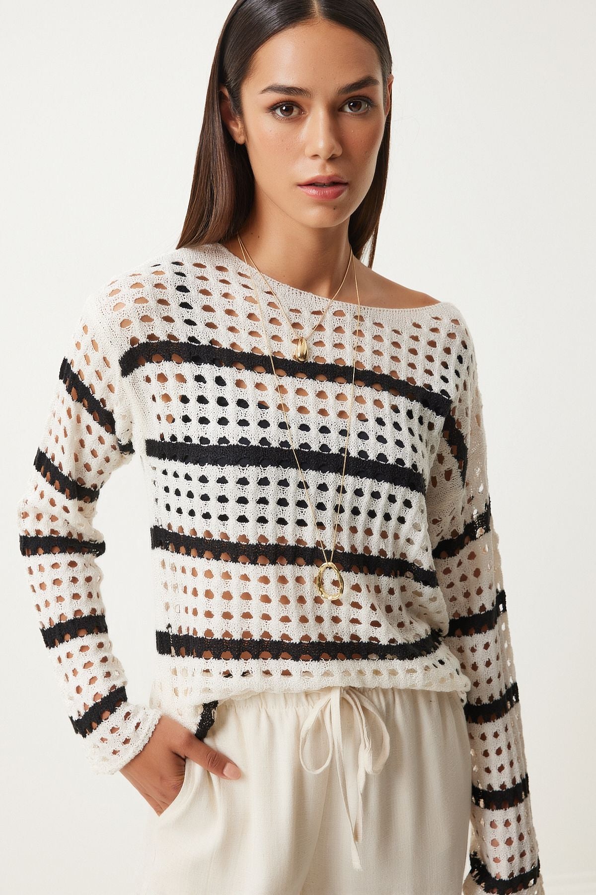 Female Black Ecru Striped Triko Blouse FN03212