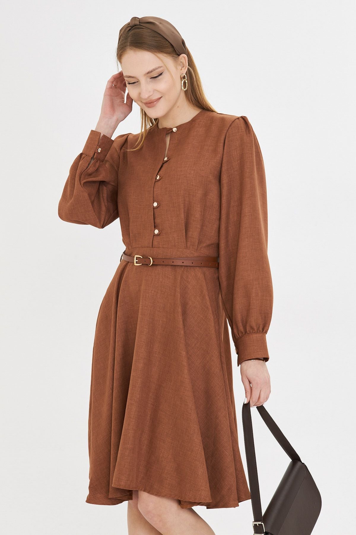 Female coffee zero collar front button arms with headlines arched arched dress Arm-25y001006