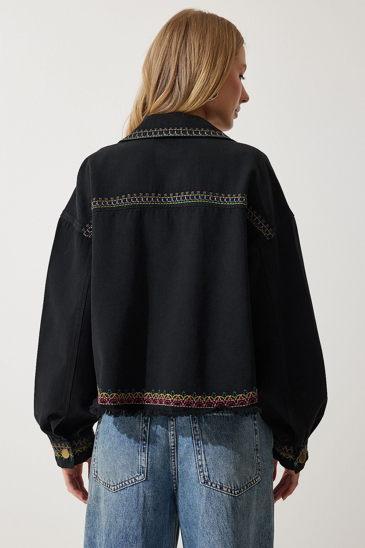 Female Black Embroidered Tassel Oversize denim jacket sa00018