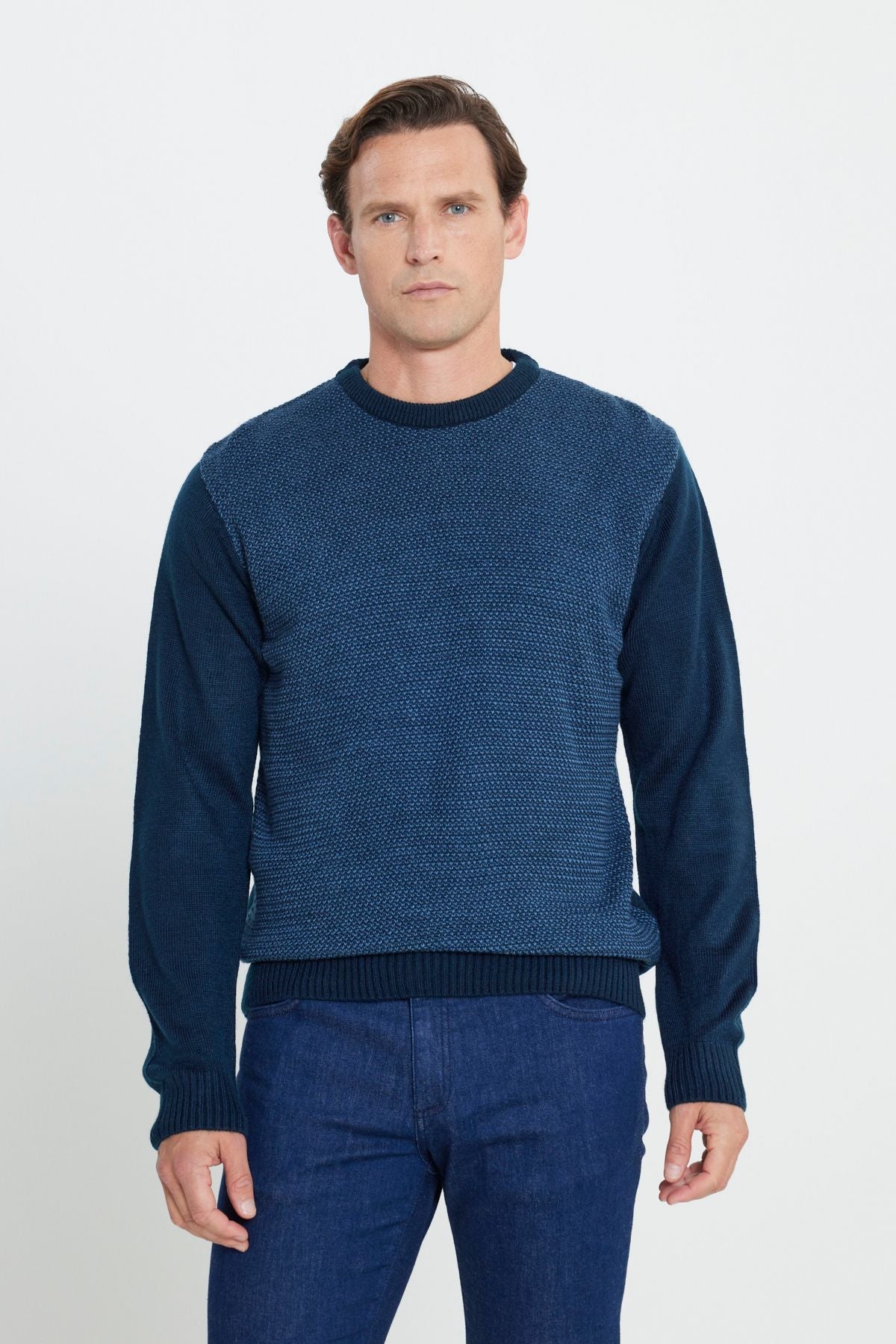 Men's Navy Blue-Blue Standard Fit Normal Cut Bicycle Bike Honeycomb Patterned Knitwear Kazakh