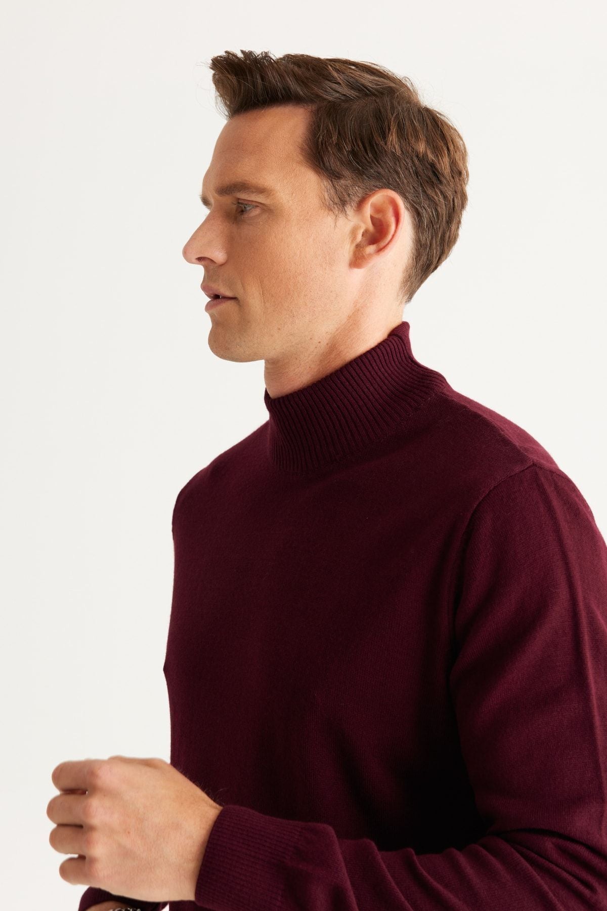 Men's burgundy hair does not make standard fit normal cut half fisherman collar knitwear sweater