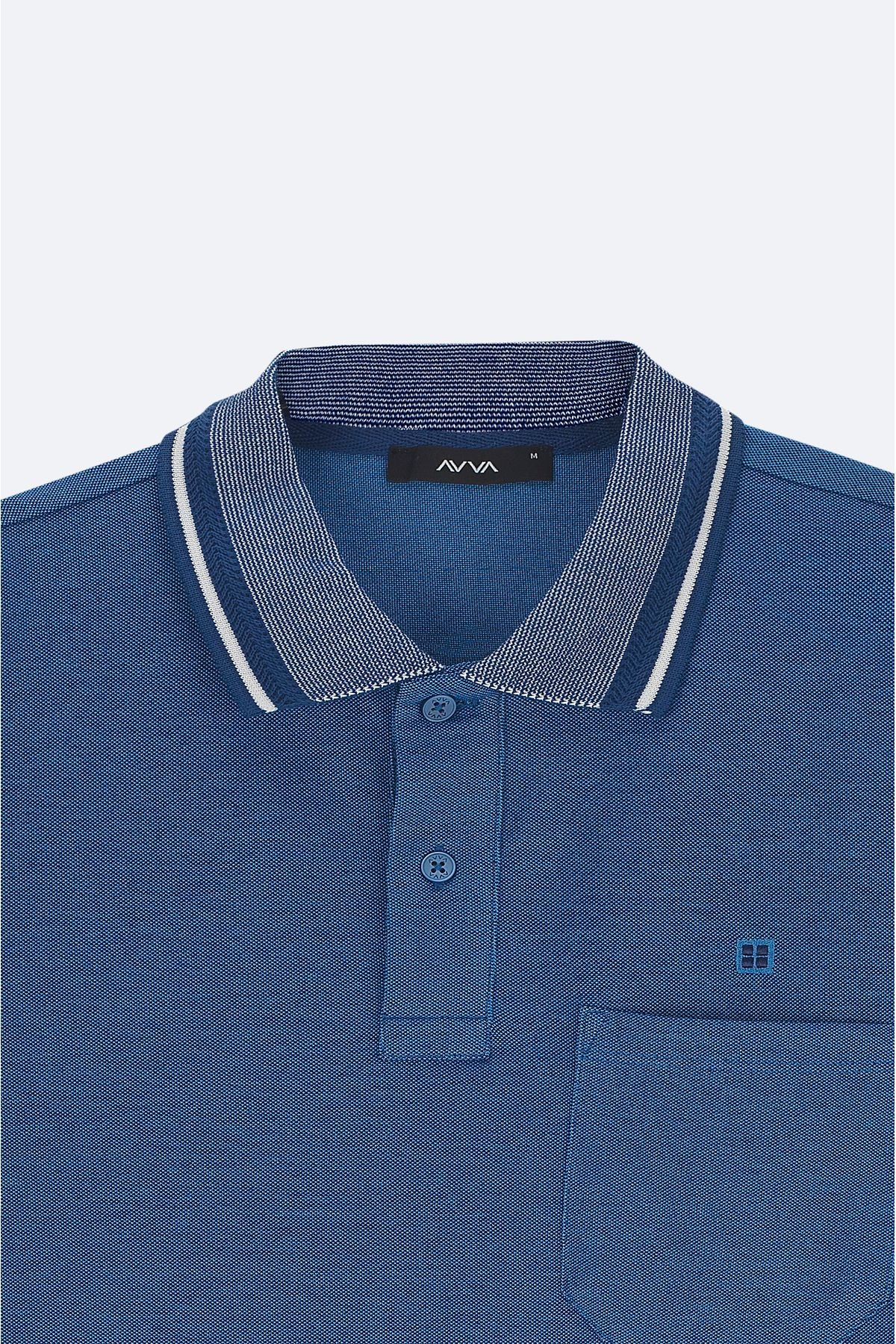Men's Indigo Curlled Neck Pocket 2 Button Polo Yaka T-Shirt E001031