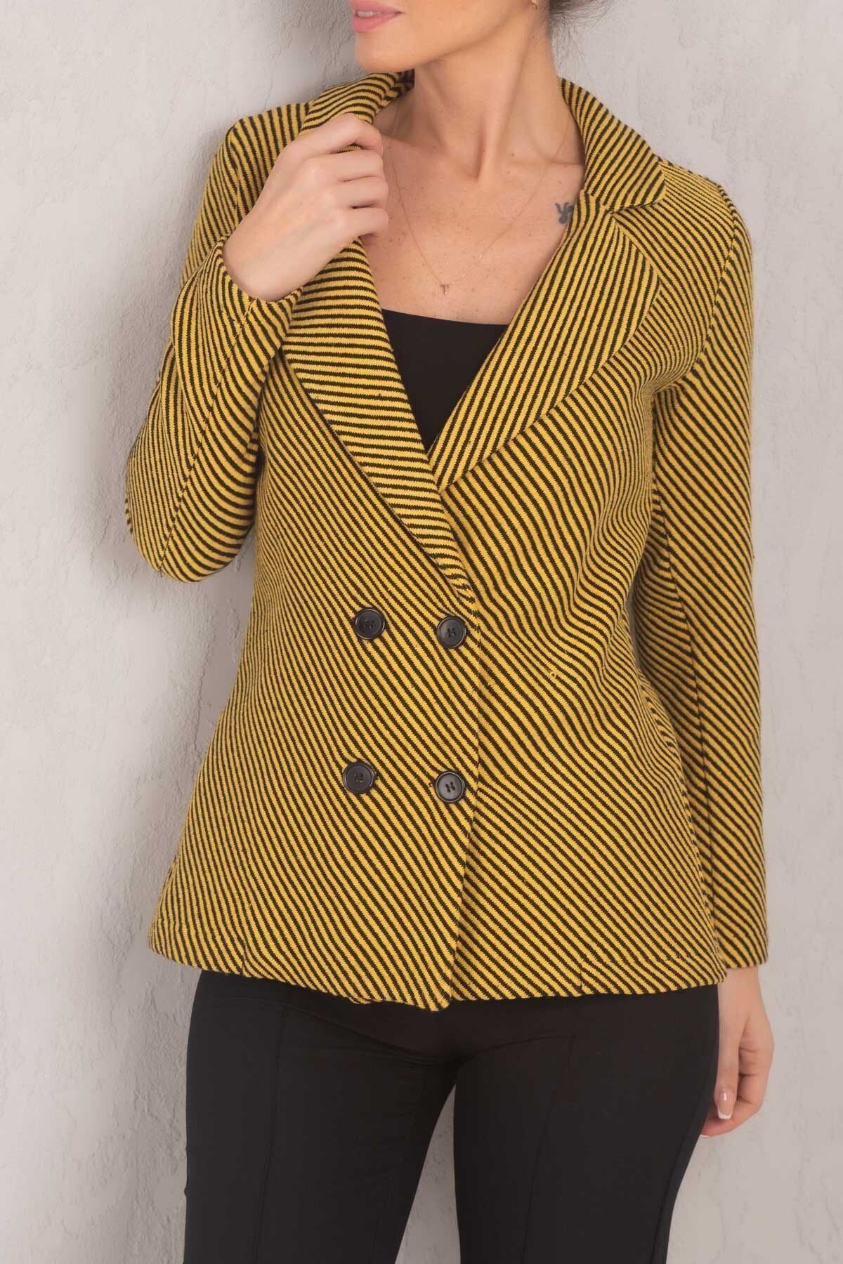 Woman Yellow Line Patterned Four button stamp jacket ARM-24K001037