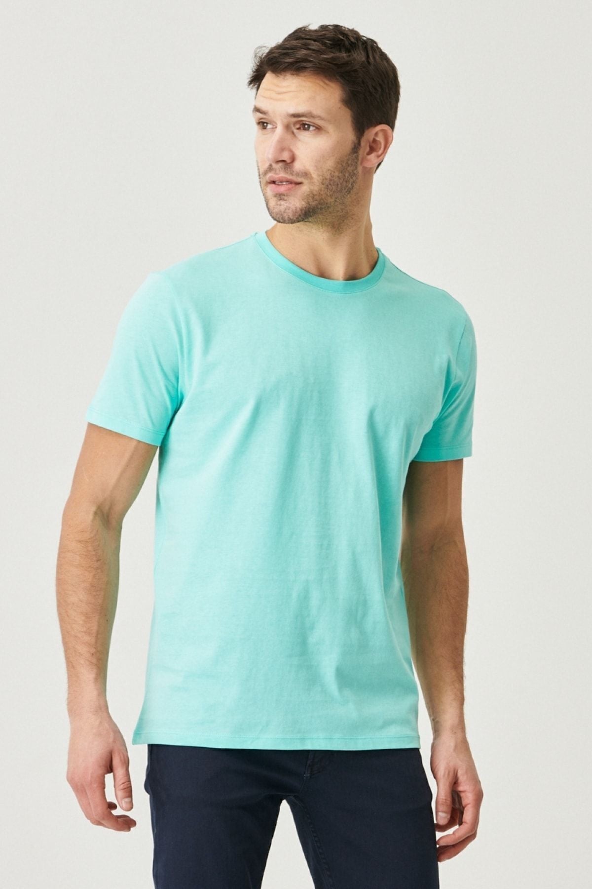 Men's turquoise 100 %cotton slim fit narrow cut bike bike collar basic t -shirt