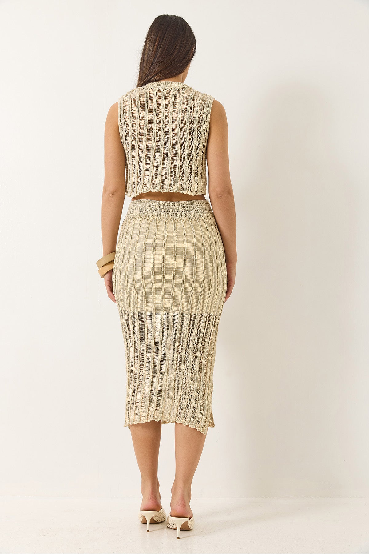 Women's Openwork Lined Slit Detailed Skirt Crop Metallic Glitter Bottom-Top Set 37086 60283145