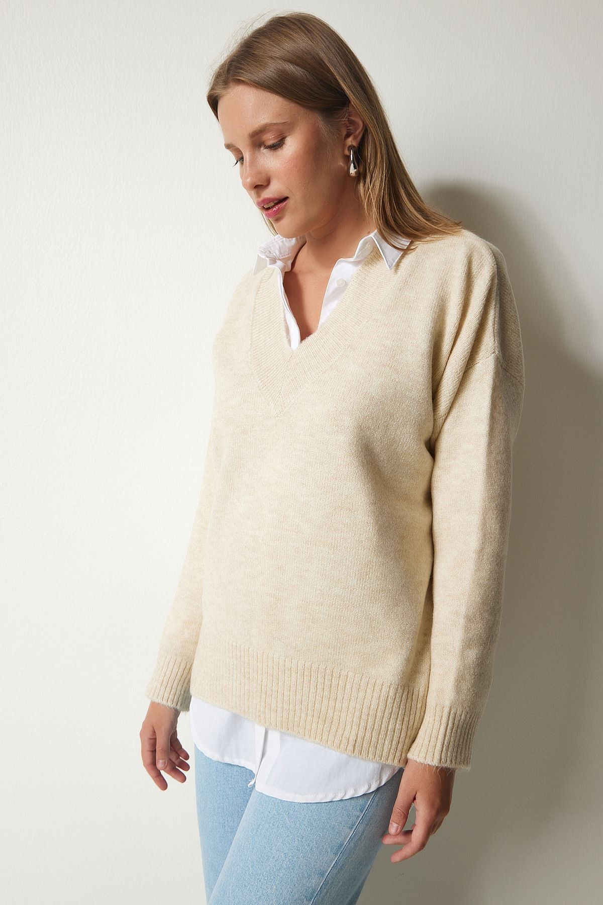 Woman Beige V Yaka Oversize Knitwear Kazakh BV00003