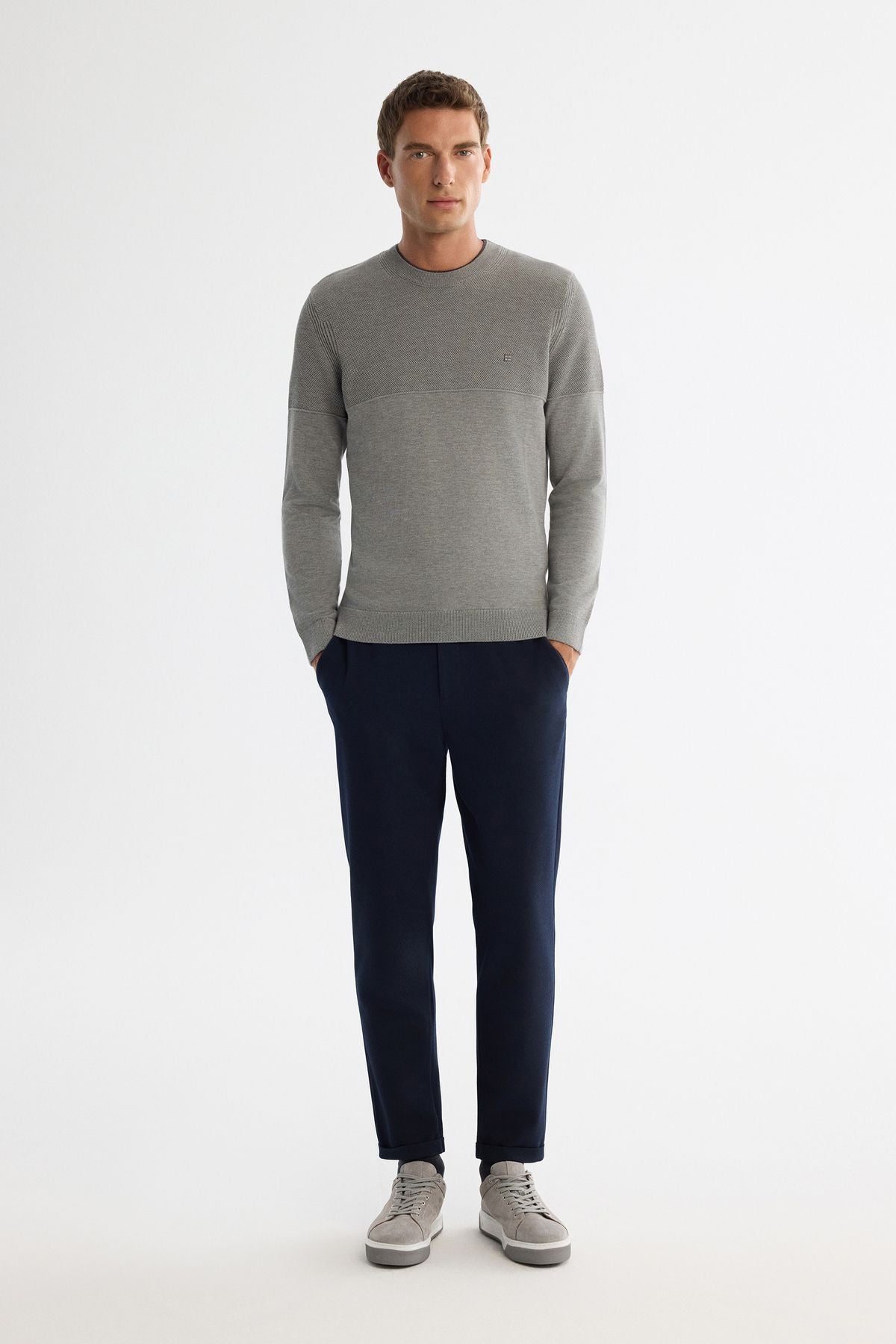 Men's gray bike collar double collar detailed textured cotton knitwear sweater A42y5190