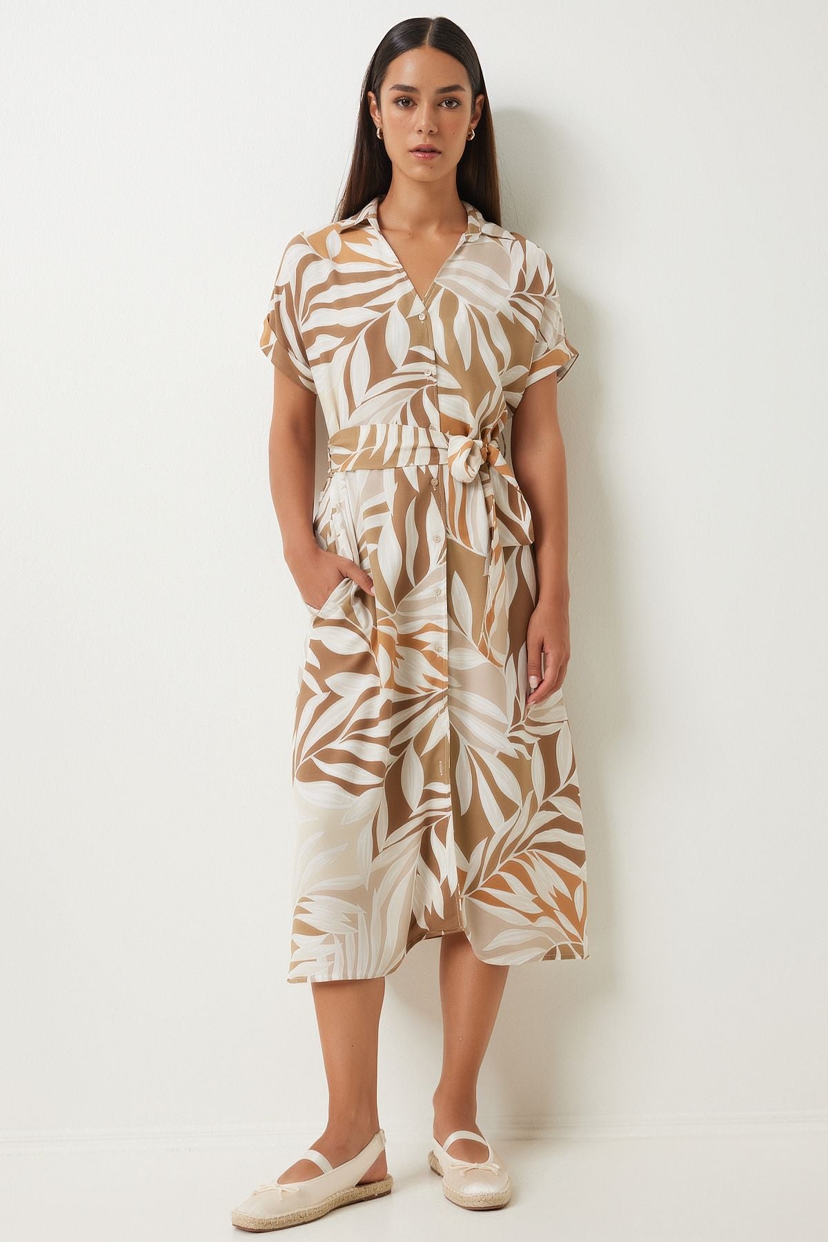 Female Biscuit Cream Patterned Born Viscose Shirt Dress DD01331