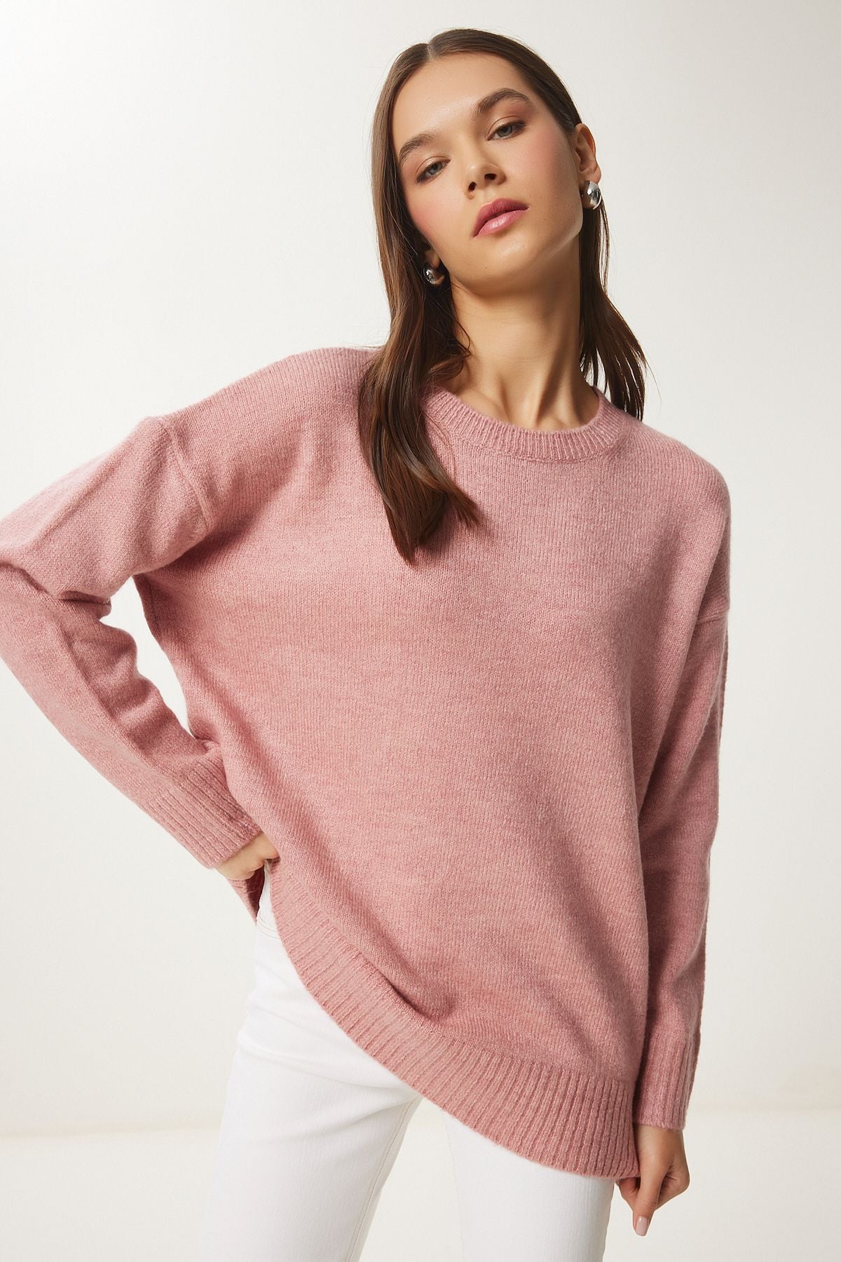 Kadın Orta Pembe Oversize Triko Kazak PN00054