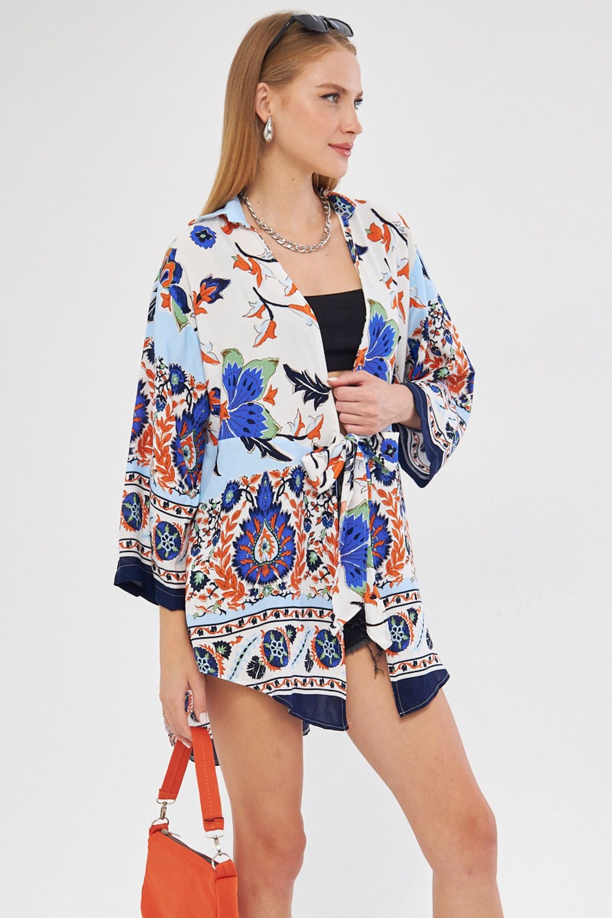 Female navy blue patterned front-binding kimono shirt ARM-24Y001080