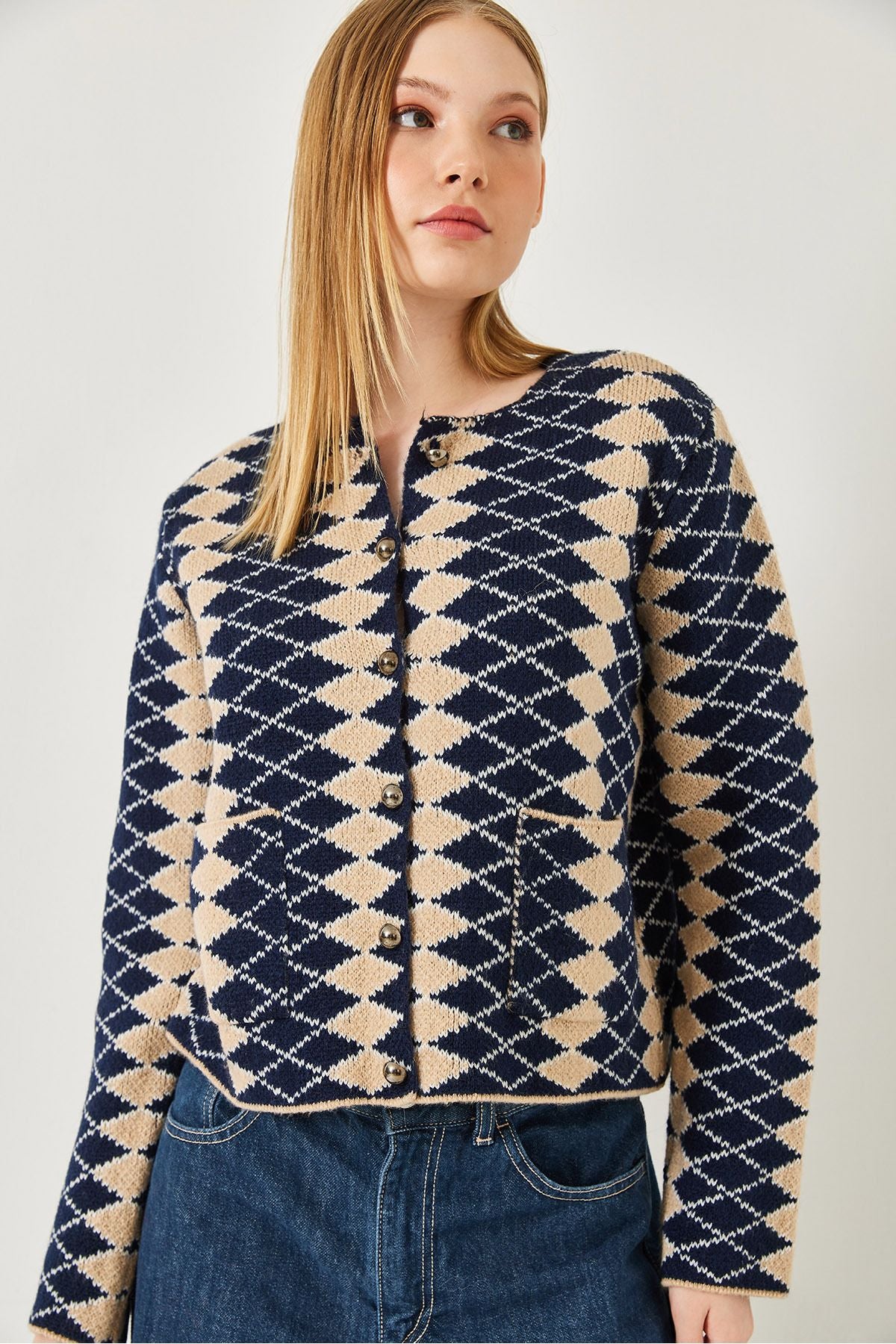 Women's side baklava patterned knitwear cardigan 241139 60261289
