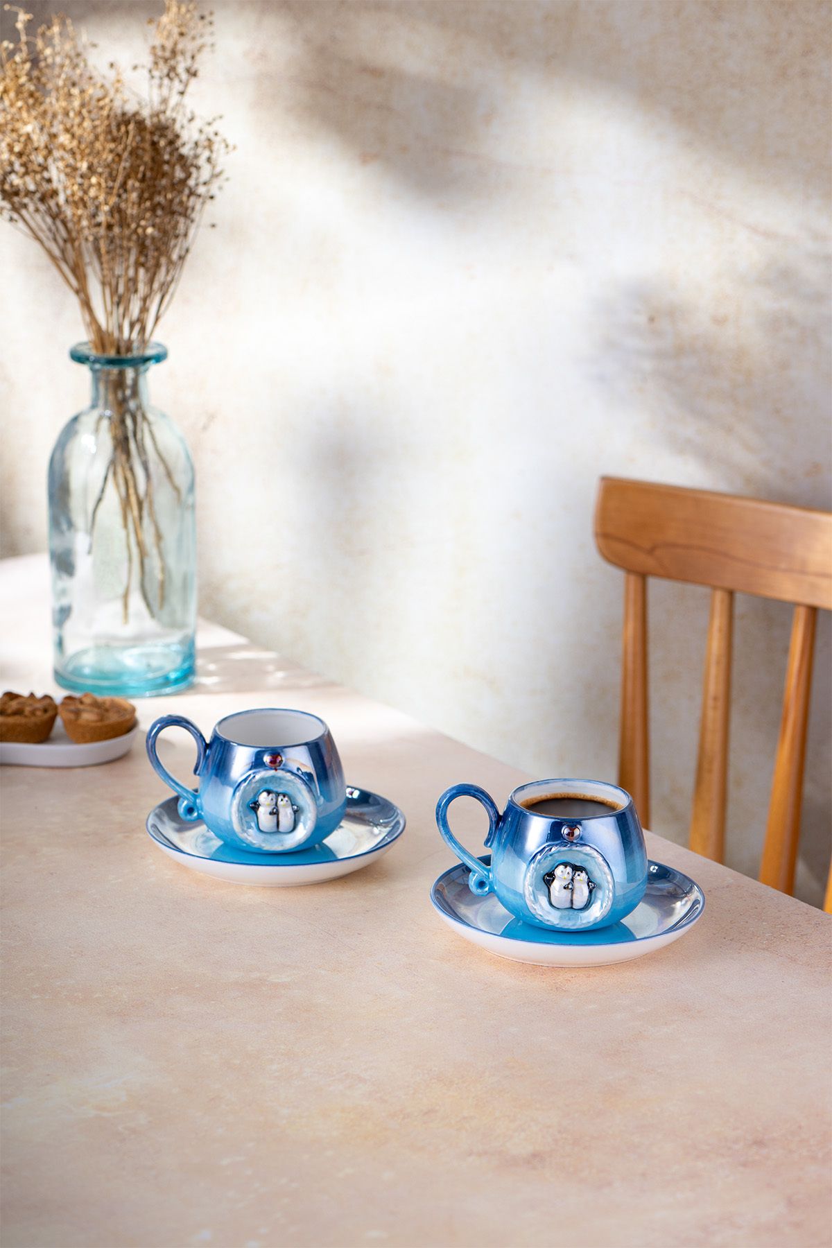 Istanbul Porcelain Penguin Coffee Cup Set for 2 people Blue