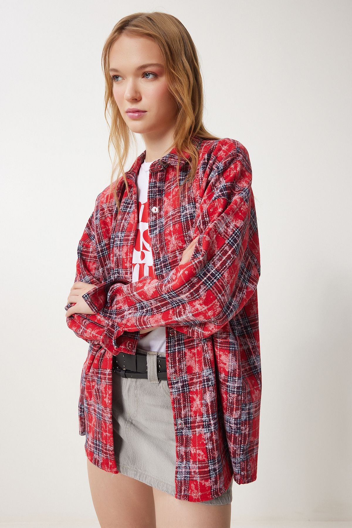 Woman Red Checkered Jacquard Woven Woven Shirt to00155