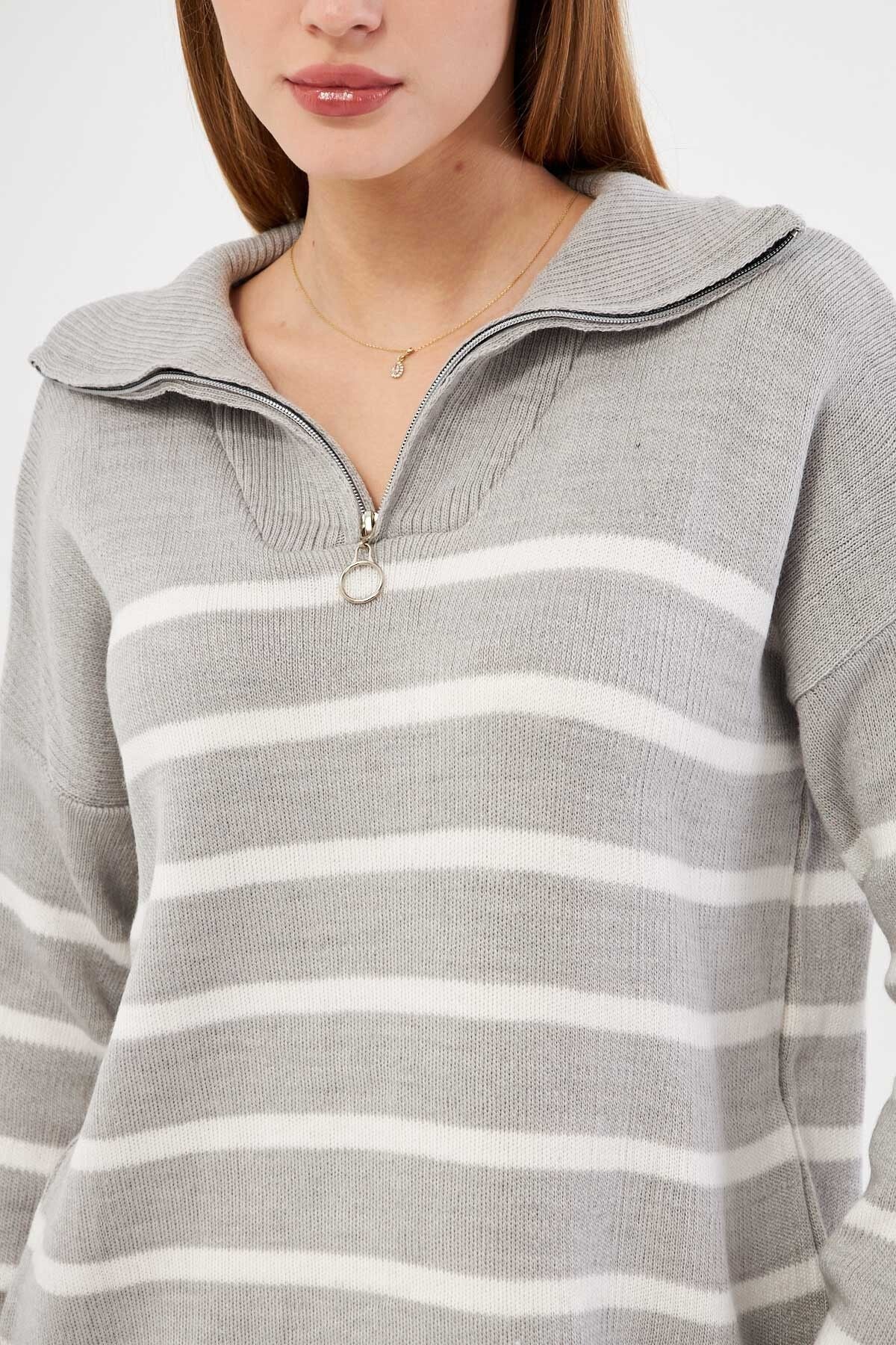 Women's gray zipper detailed striped knitwear sweater ARM-25K069007