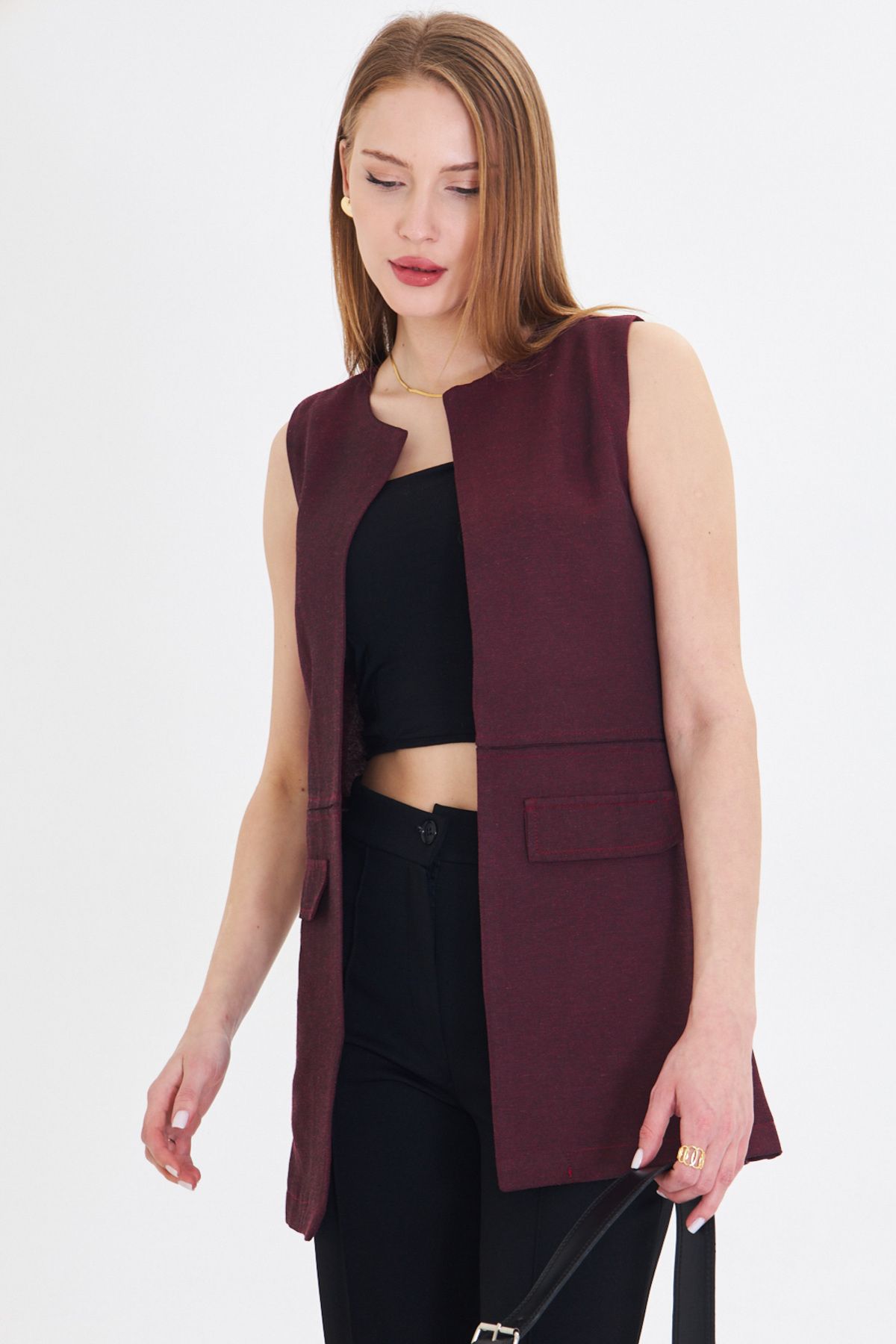 Women's Bordeaux zero collar sewing detailed vest ARM-25Y001019
