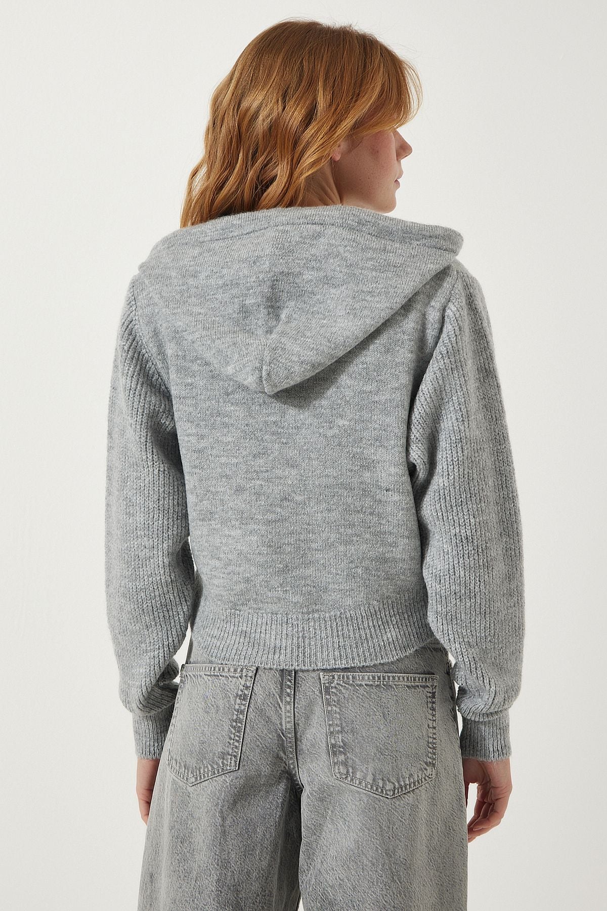 Female Gray Hooded Zipper Triko Cardigan YY00203