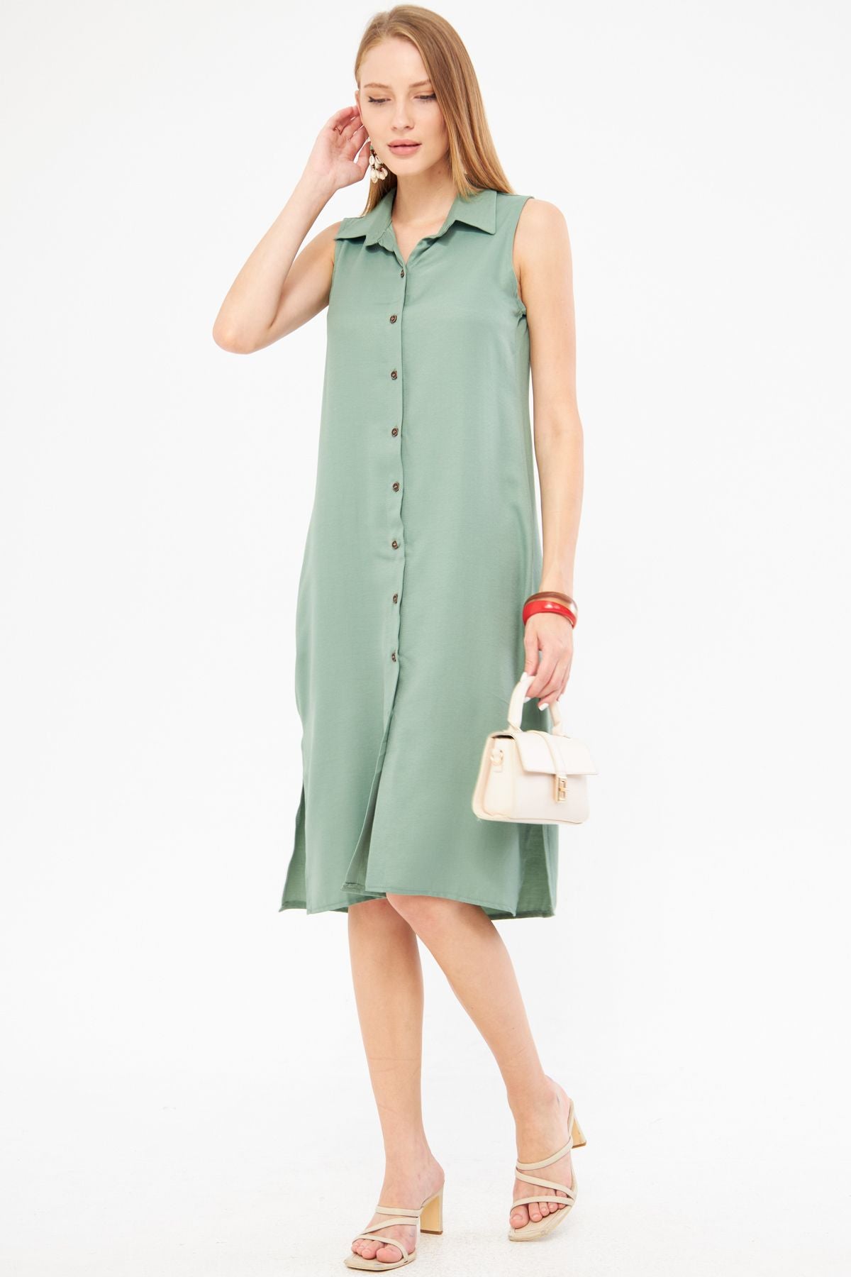 Women's Cagla Green Collar buttoned dress ARM-17Y00028