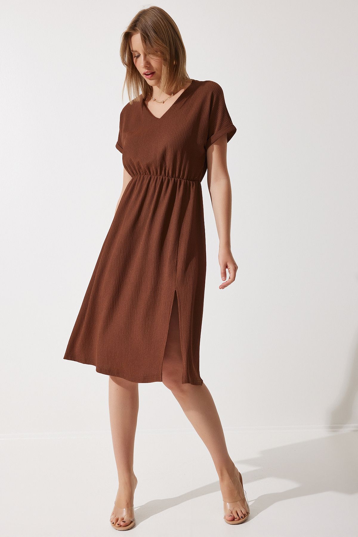 Woman Brown V -Neck Slip Summer Daily Knitting Dress DD01319