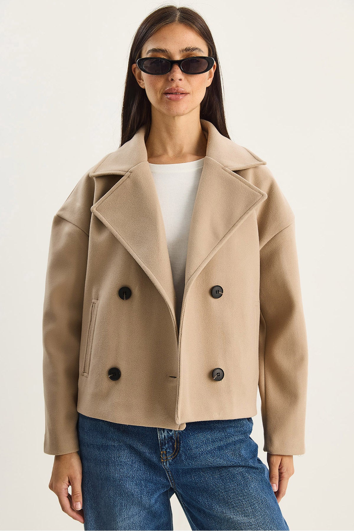 Women's Wide Collar Pocket Detailed Lined Buttoned Short Cashmere Coat 2517 60283788