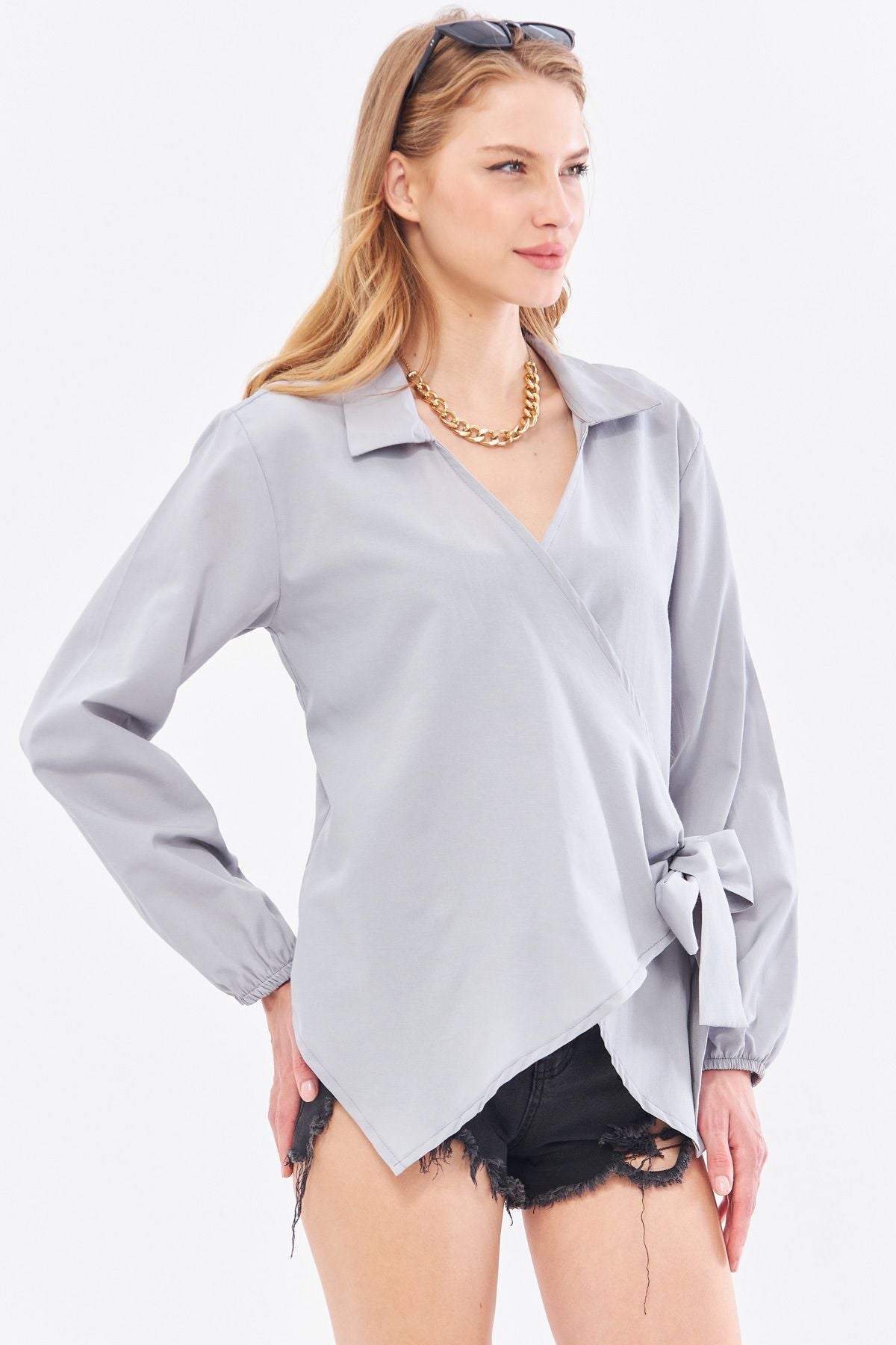 Women's Gray Collar Cruve Blouse ARM-22Y024025