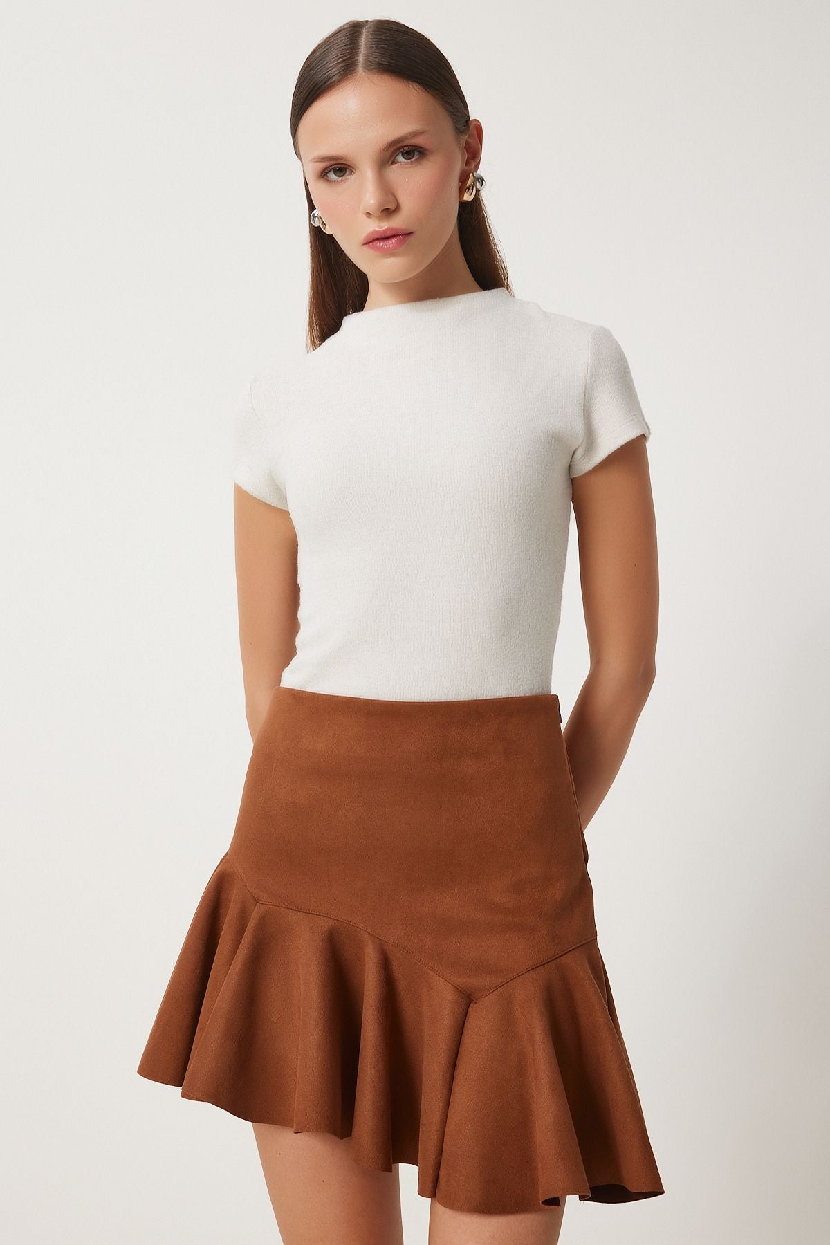 Female Taba flywheel asymmetric mini suede skirt US00942