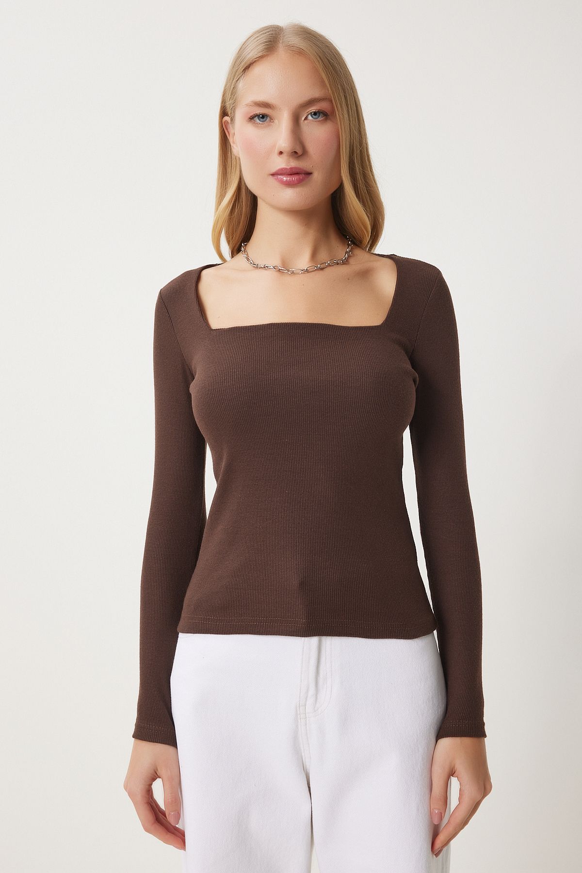 Female Brown Square Collar Wick Knitting Blouse GT00052
