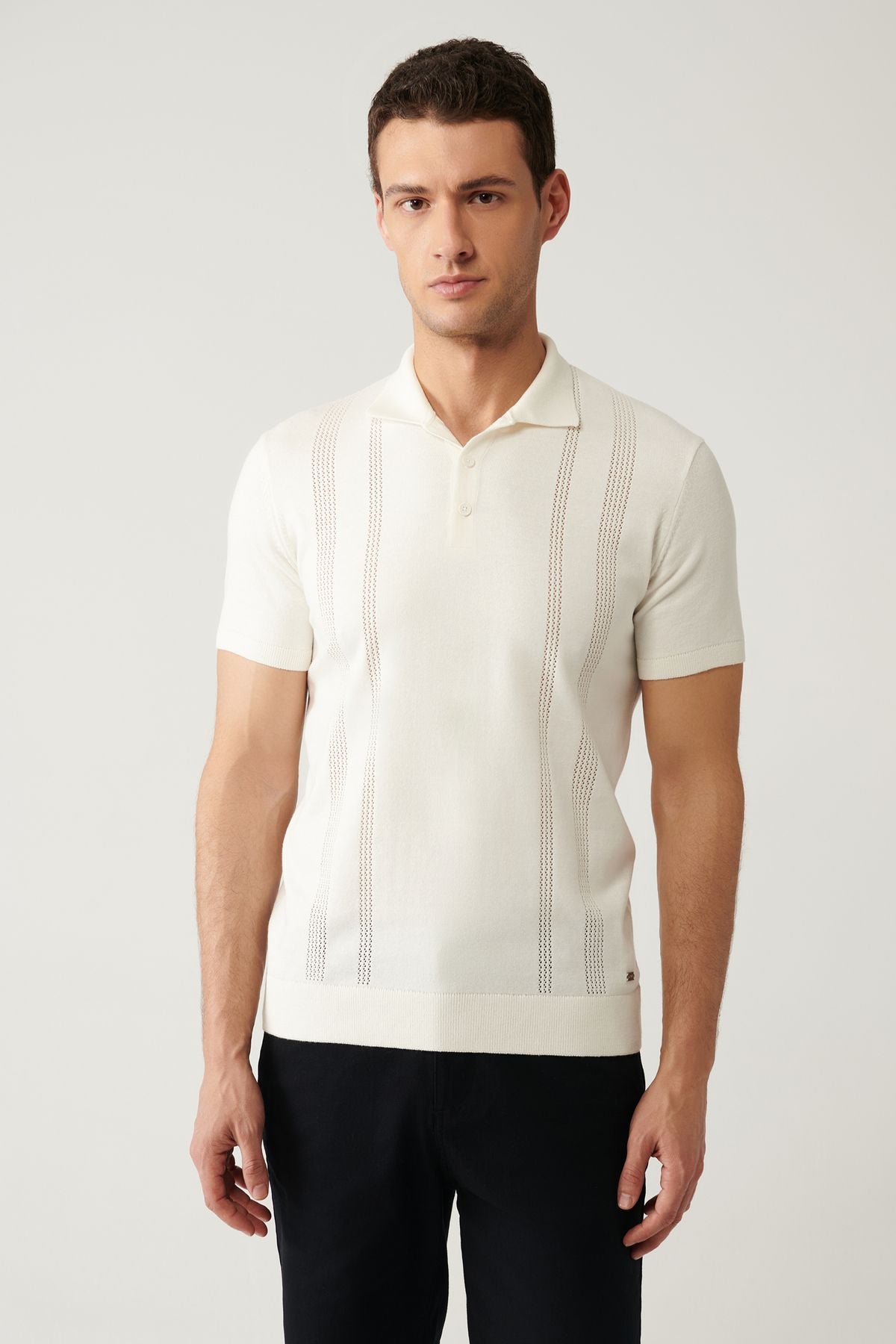 Men's Ecru 3 Button Open Outlative Polico Triko T-Shirt A41Y5096