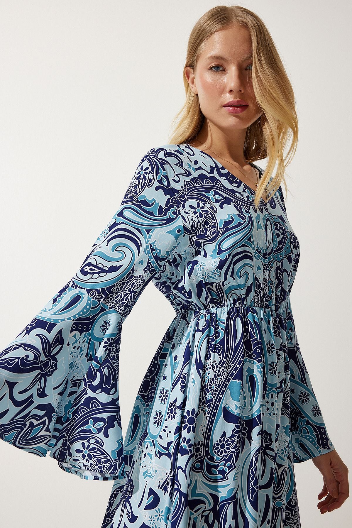 Women's Sky Blue Patterned Summer Visose Dress DD01303