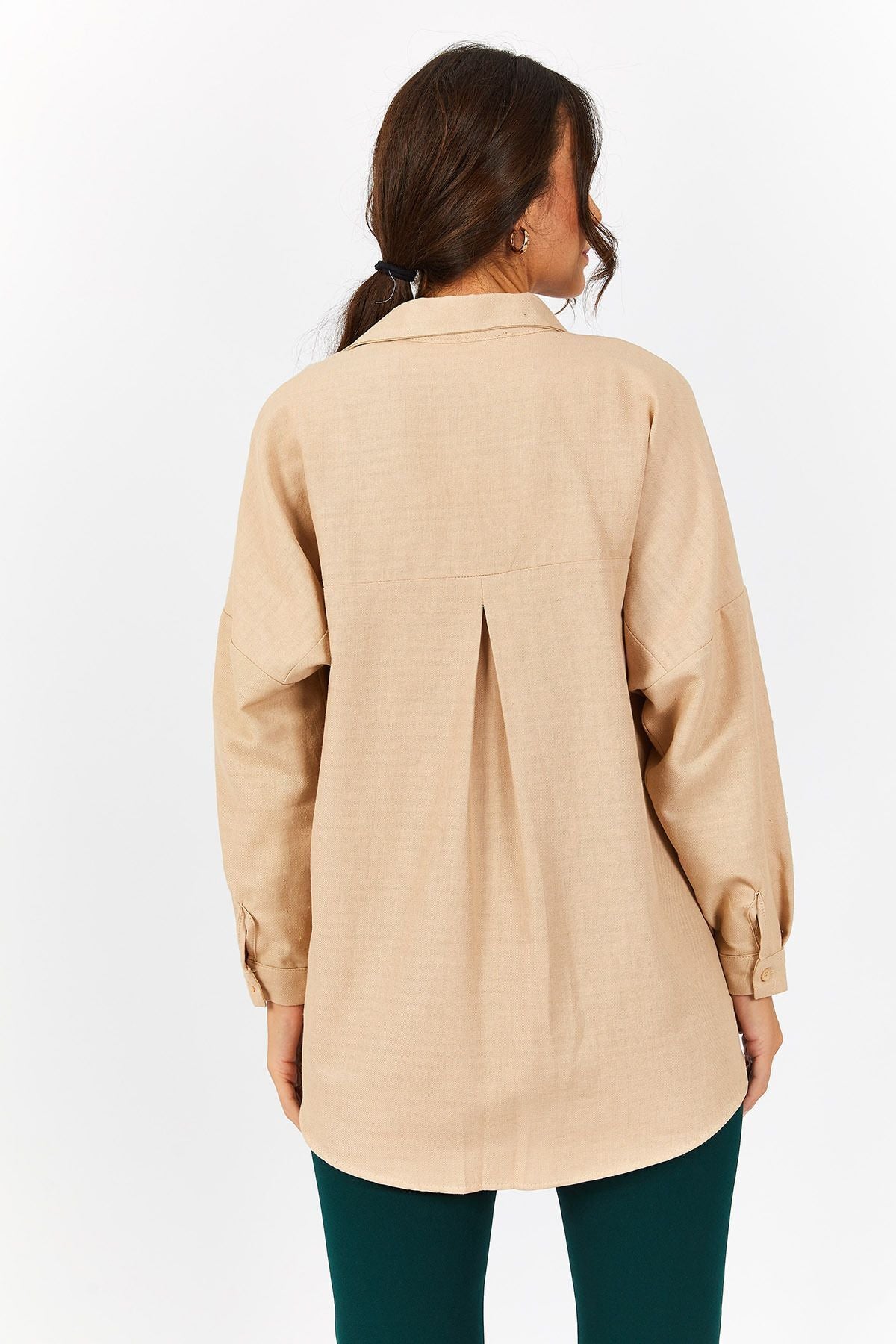 Woman Beige Oversize Long Basic Shirt ARM-221118