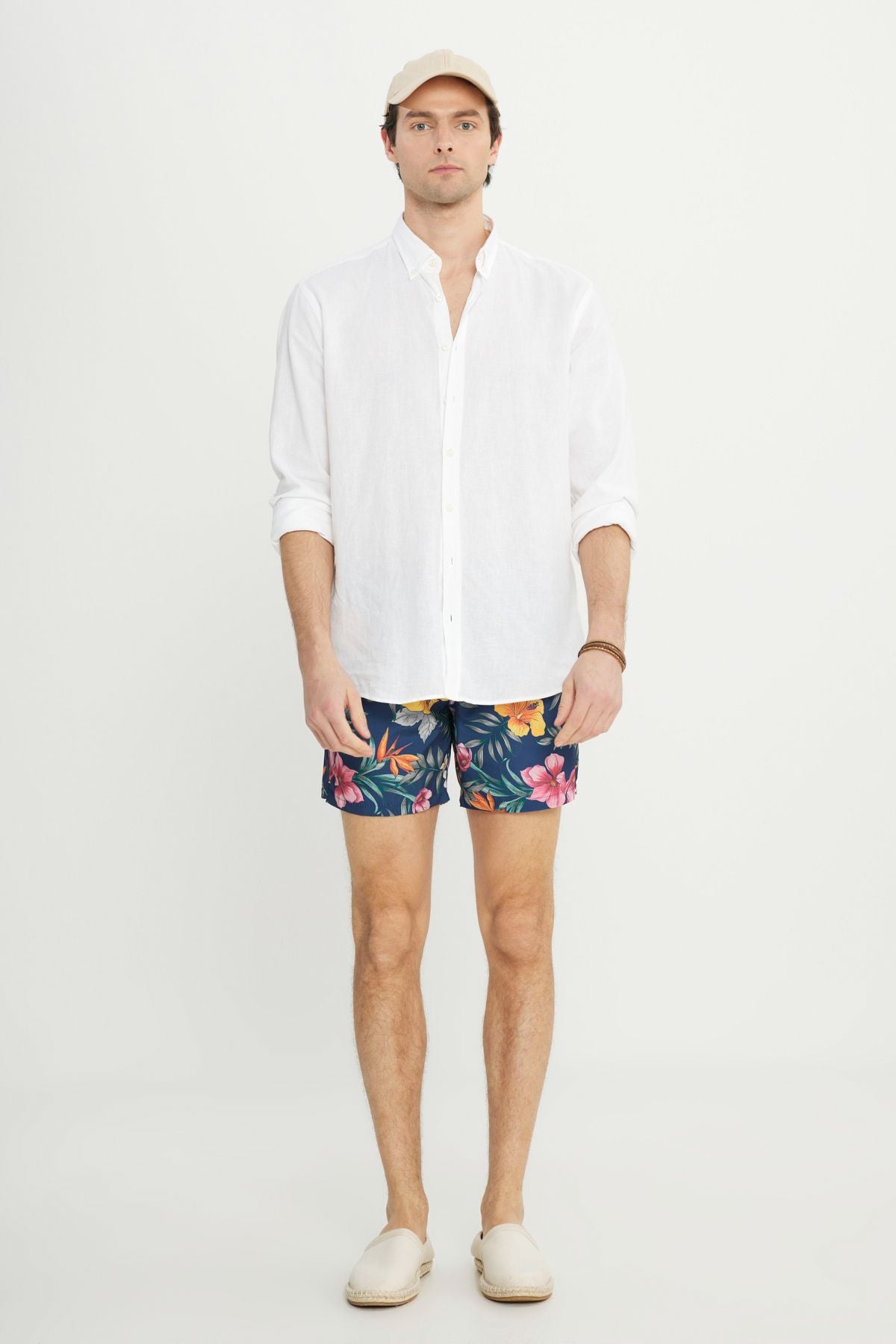Men's navy blue standard fit normal cutting pocket quickly dry patterned swimsuit sea shorts