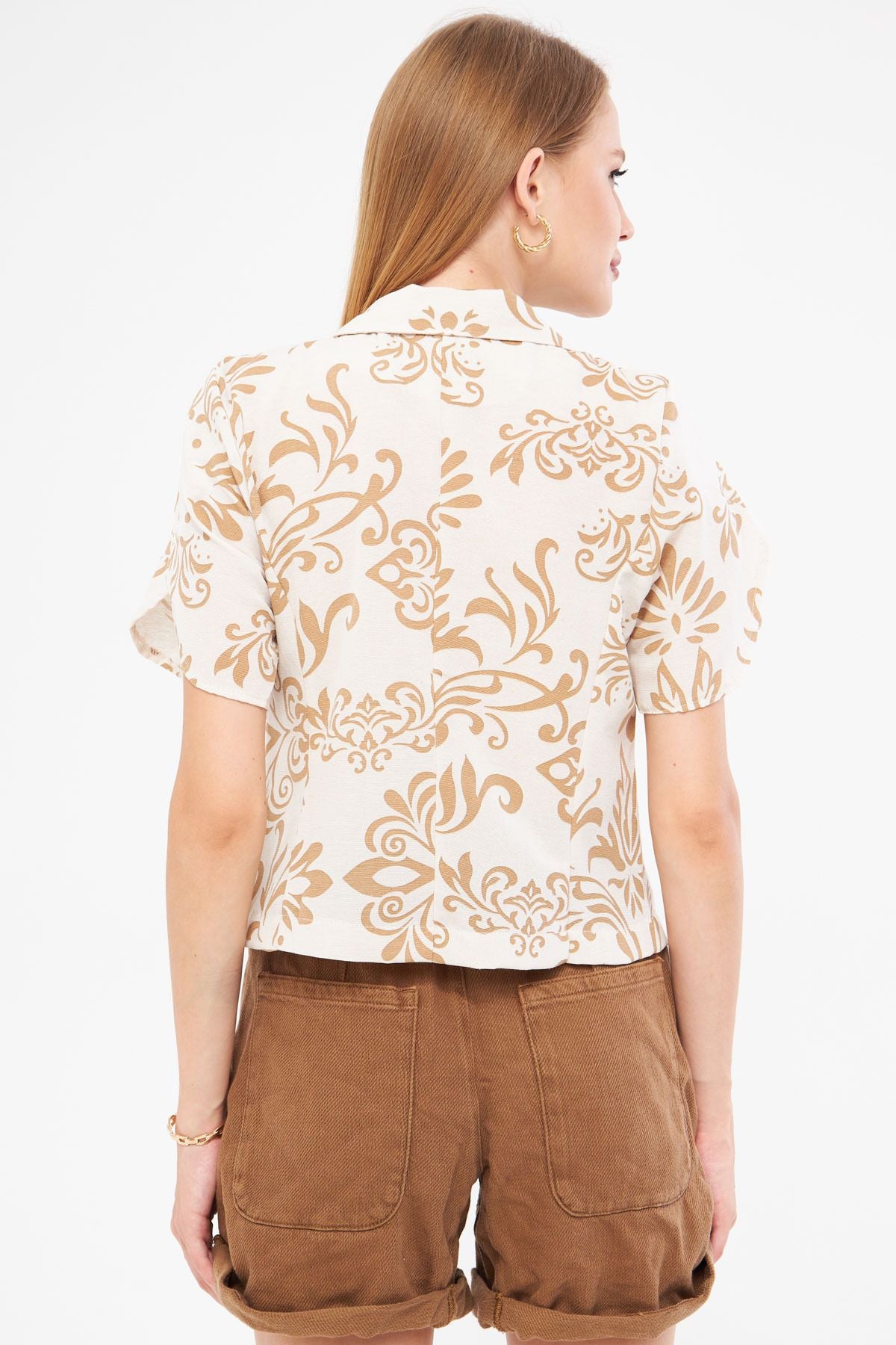 Female mink-linen-looking patterned handle slit Crop Short Sleeve Jacket ARM-24Y001095