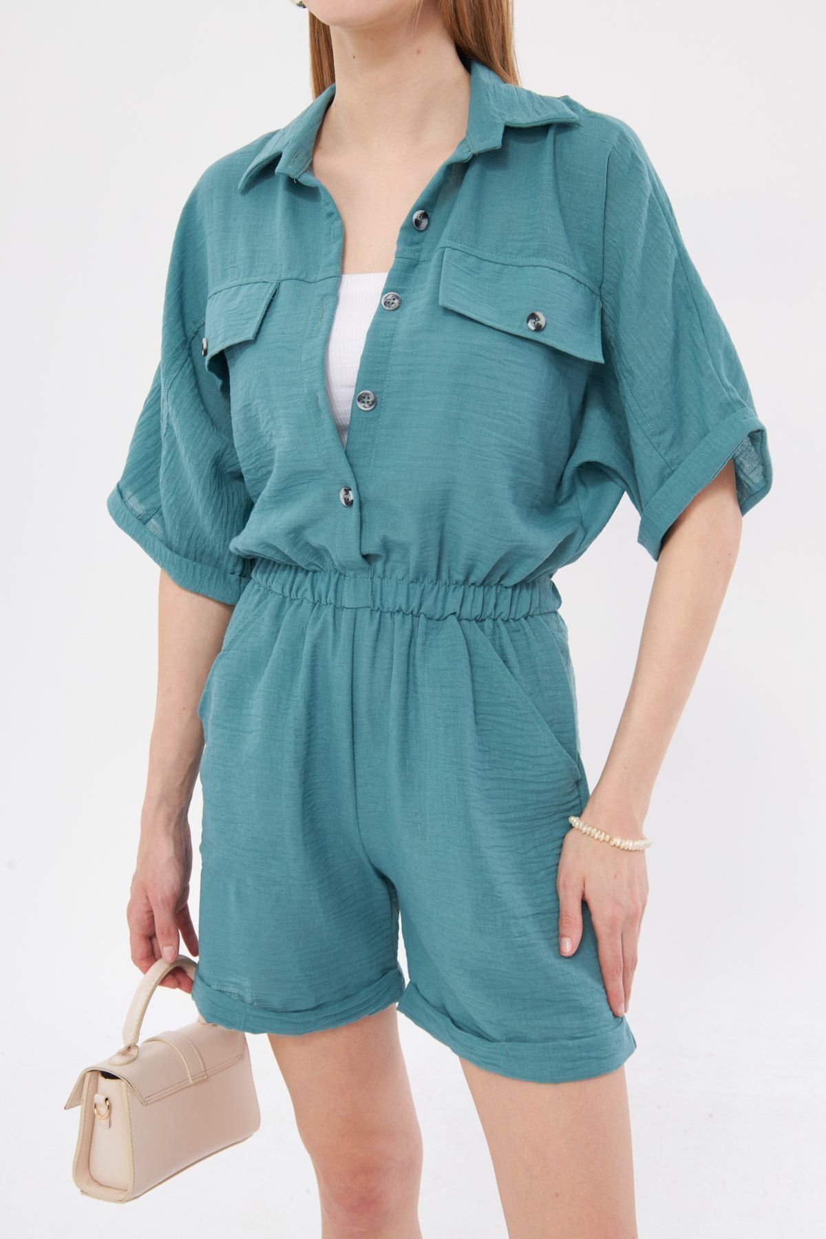 Female turquoise bat sleeve pocket waist waist tire shorts overalls ARM-23Y001075
