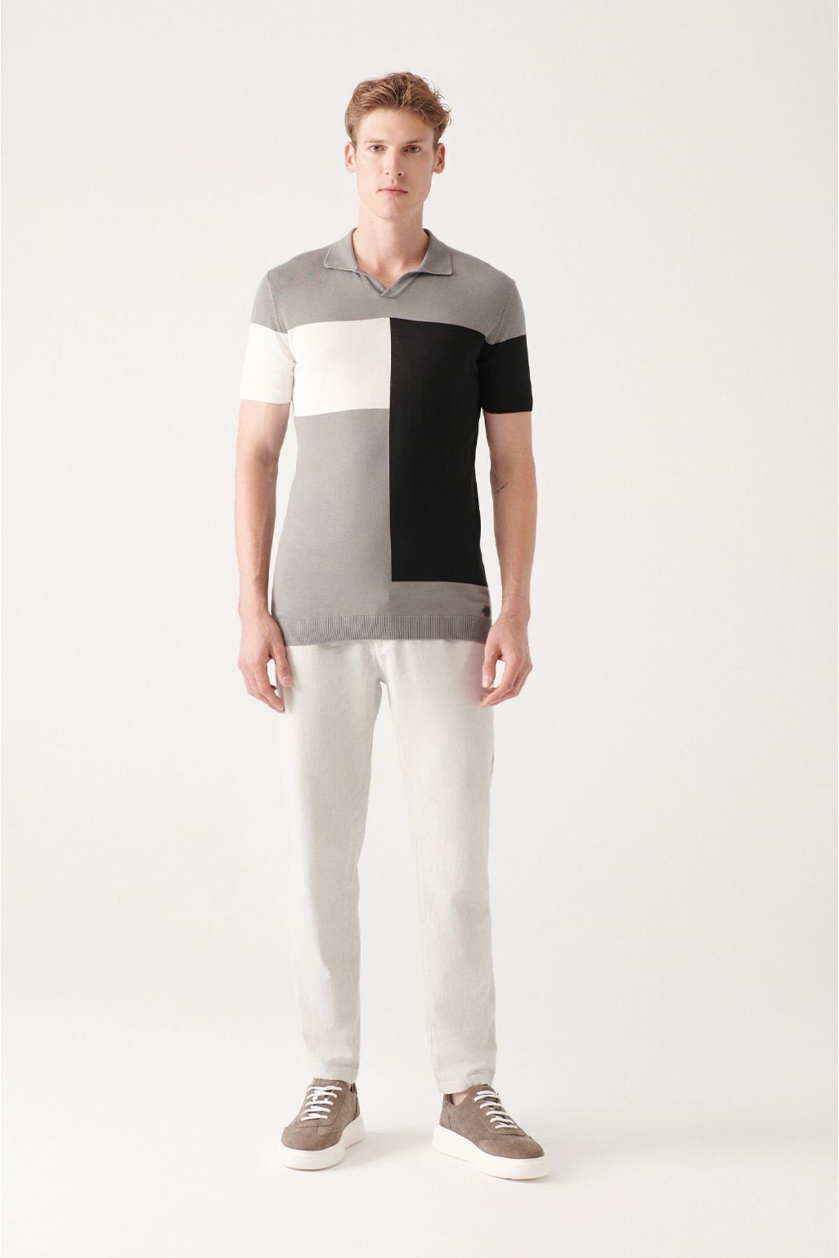 Men's Gray Cotton Block Color Polo Yaka Triko T-Shirt A31y5126