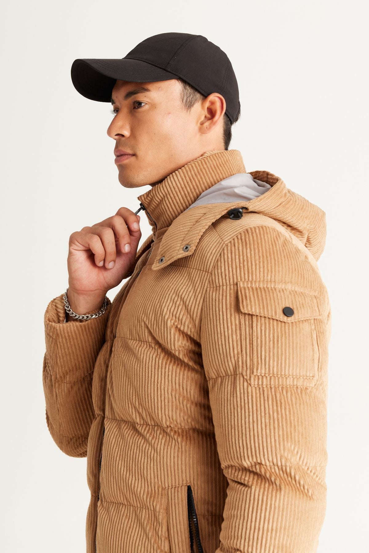 Men's Beige Standard Fit Normal Cutting Hooded Coat