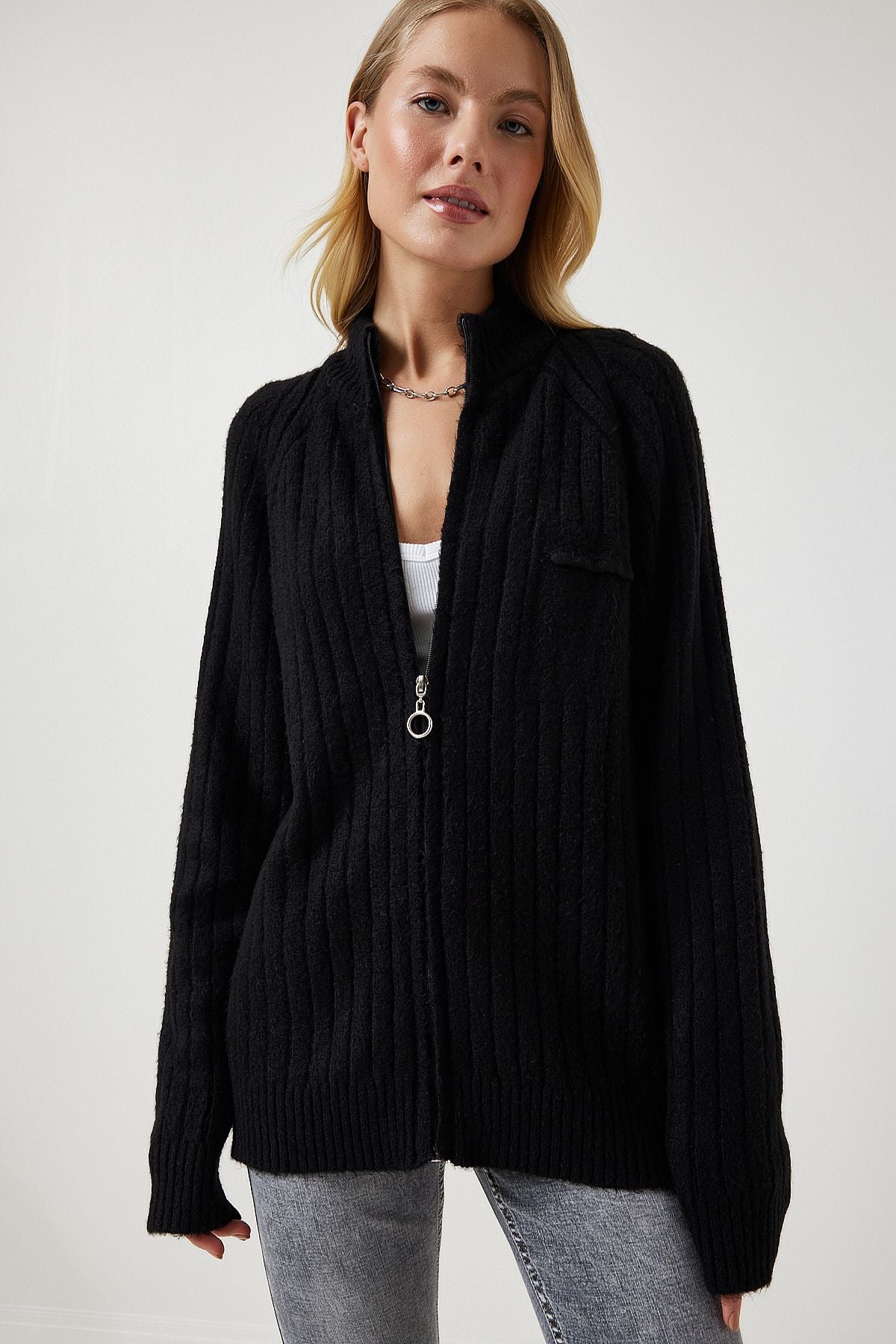 Women's black zipper knitwear cardigan DD01301