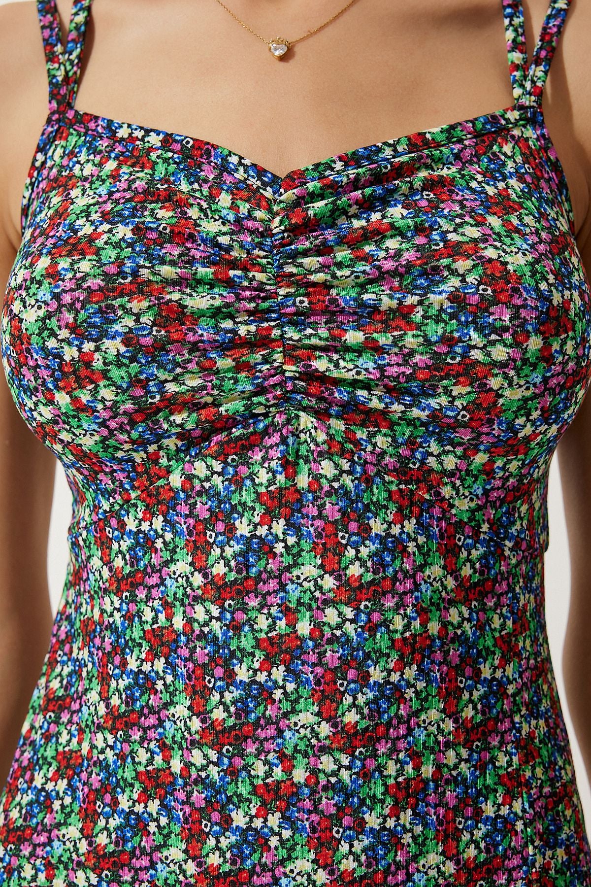 Woman Blue Green Double strap patterned knitted dress mc00262